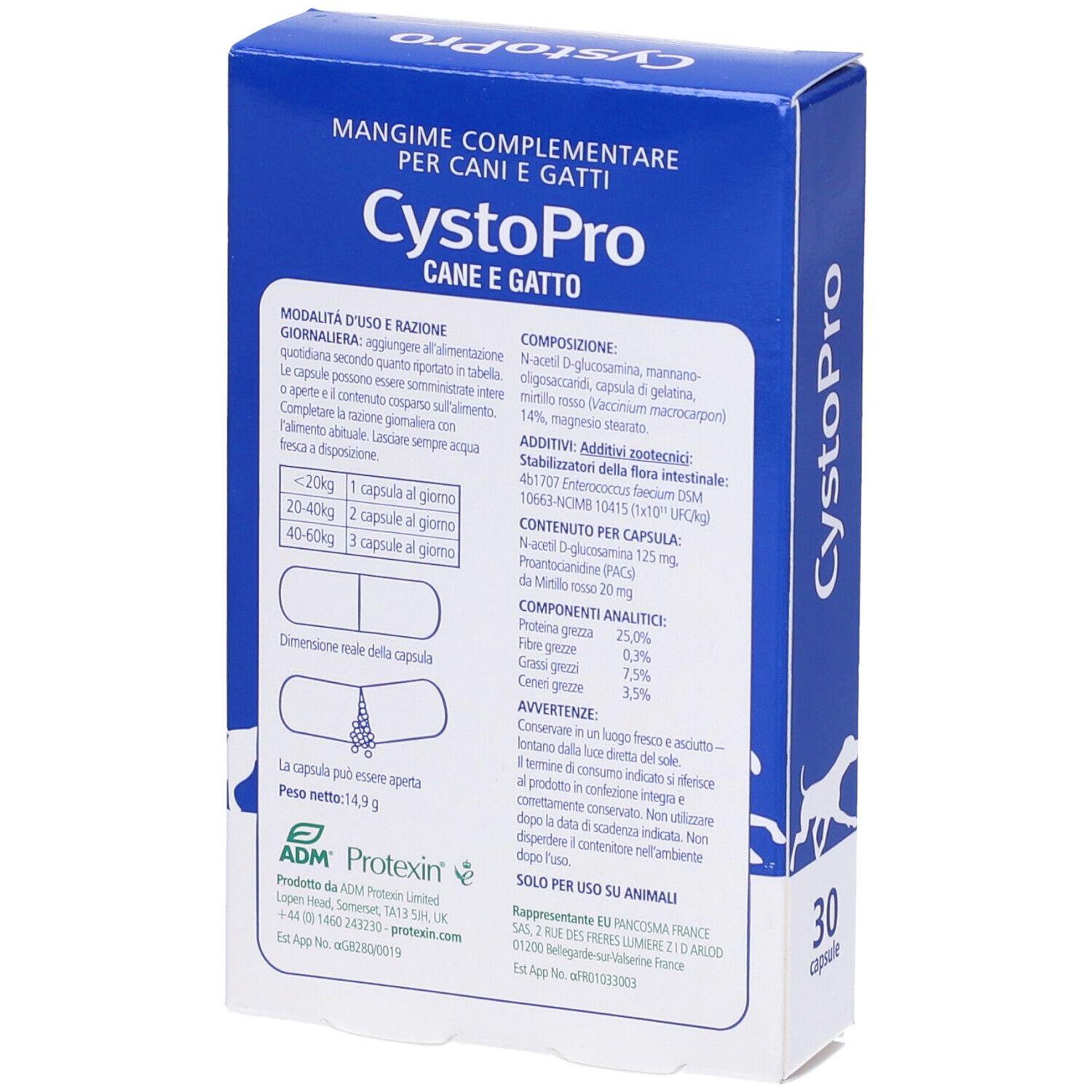 Scatola blu con logo "CystoPro" e testo. Contiene 30 capsule. Illustrazione di cani e gatti. Retro con informazioni.