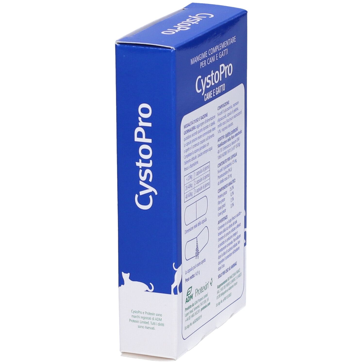 Scatola blu con logo "CystoPro" e testo. Contiene 30 capsule. Illustrazione di cani e gatti. Retro con informazioni.