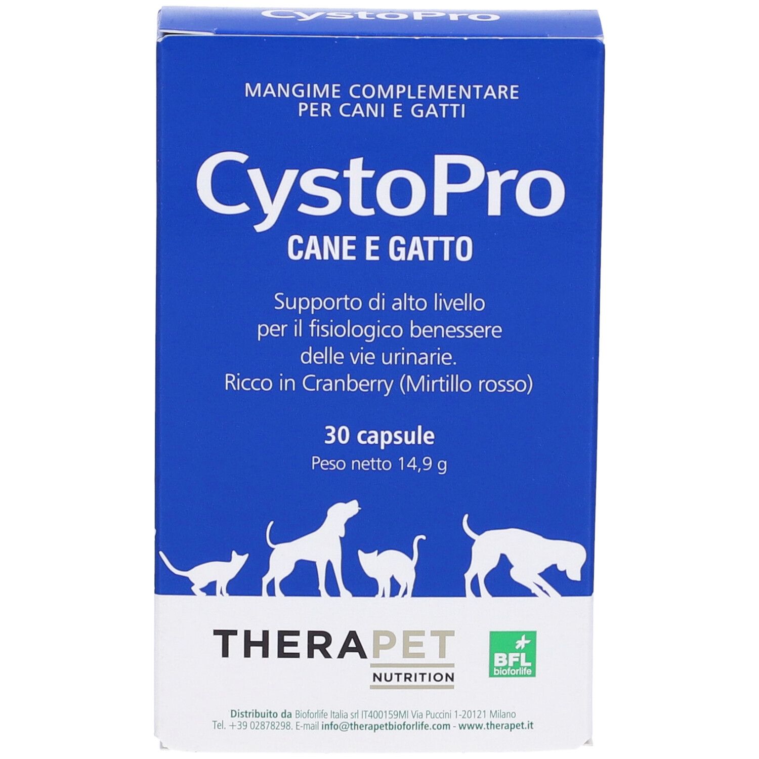 Scatola blu con logo "CystoPro" e testo. Contiene 30 capsule. Illustrazione di cani e gatti.