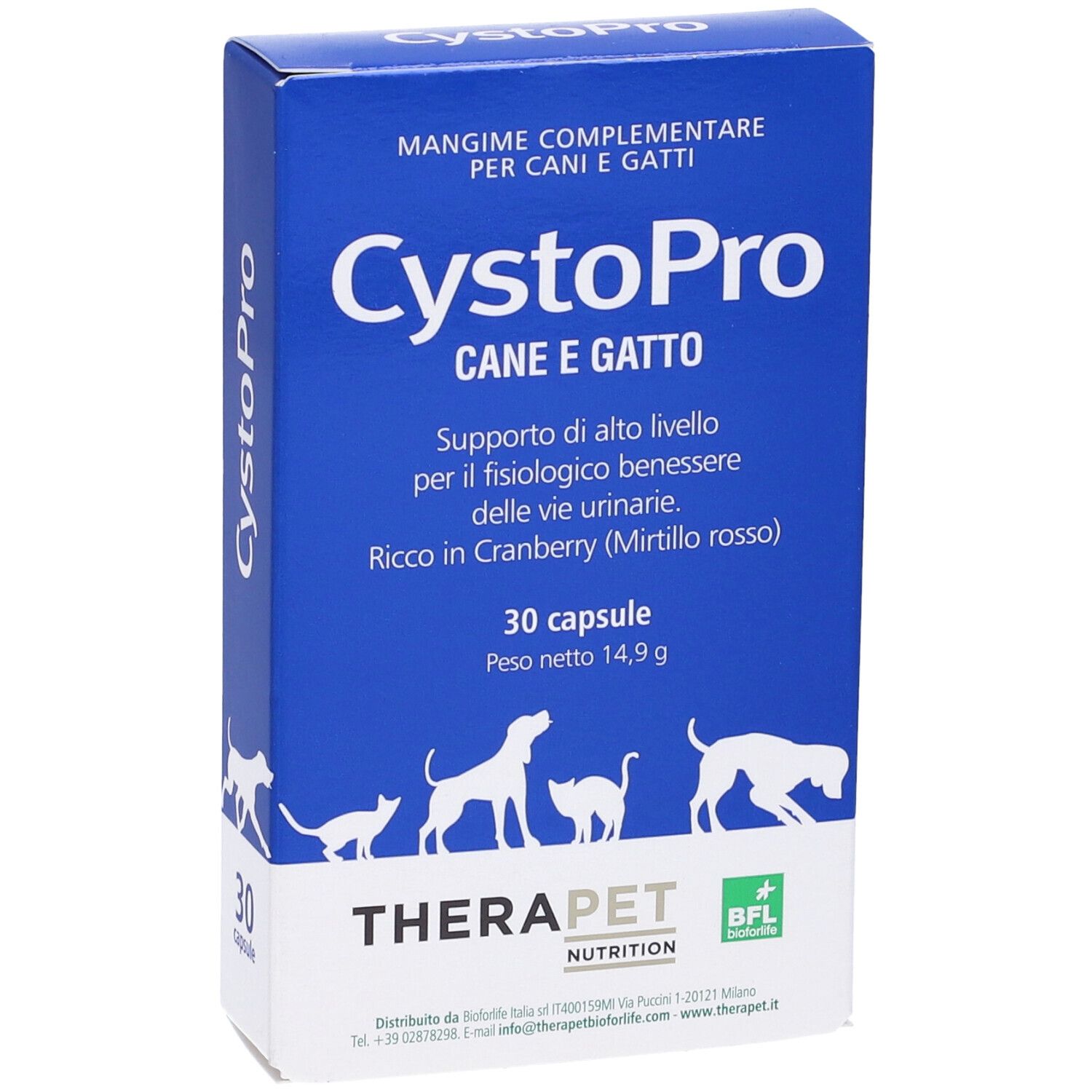 Scatola blu con logo "CystoPro" e testo. Contiene 30 capsule. Illustrazione di cani e gatti.