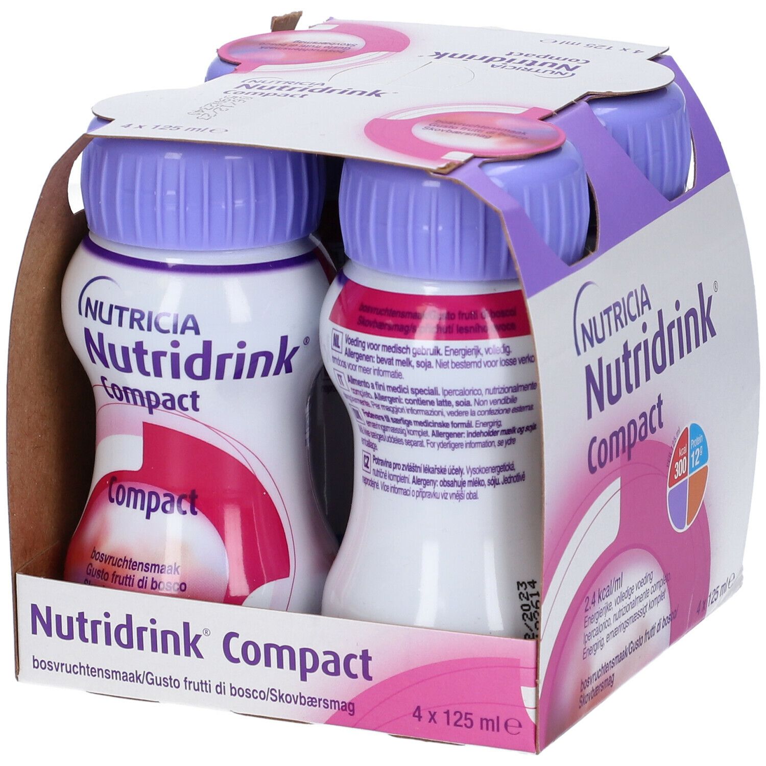 Confezione da quattro bottiglie. Tappi viola, corpo bianco con design rosa. Scritta: Nutricia Nutridrink Compact.