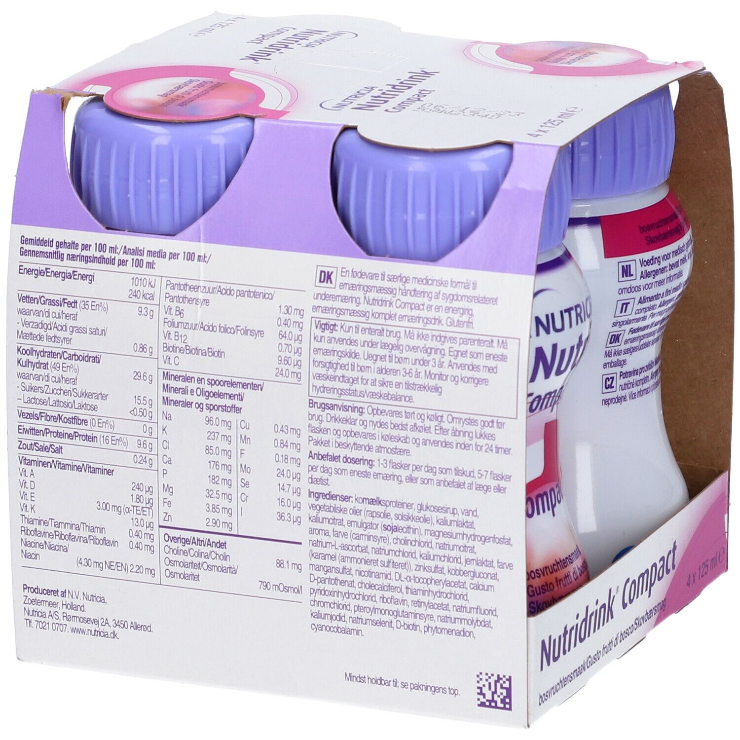 Confezione da quattro bottiglie. Tappi viola, corpo bianco. Retro con informazioni nutrizionali e testo. Scritta: Nutricia Nutridrink Compact.