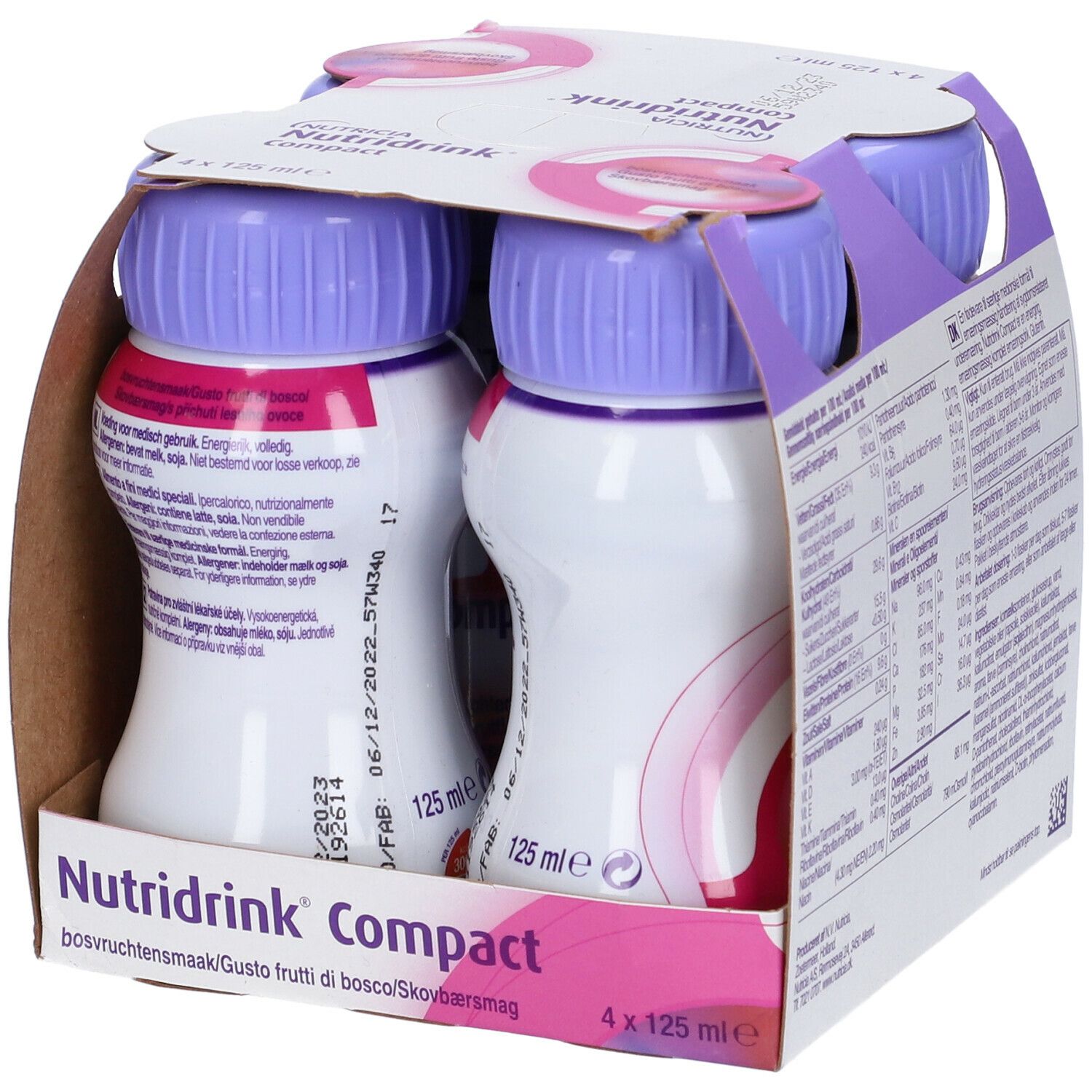 Confezione da quattro bottiglie. Tappi viola, corpo bianco con design rosa. Scritta: Nutricia Nutridrink Compact. Data di scadenza.