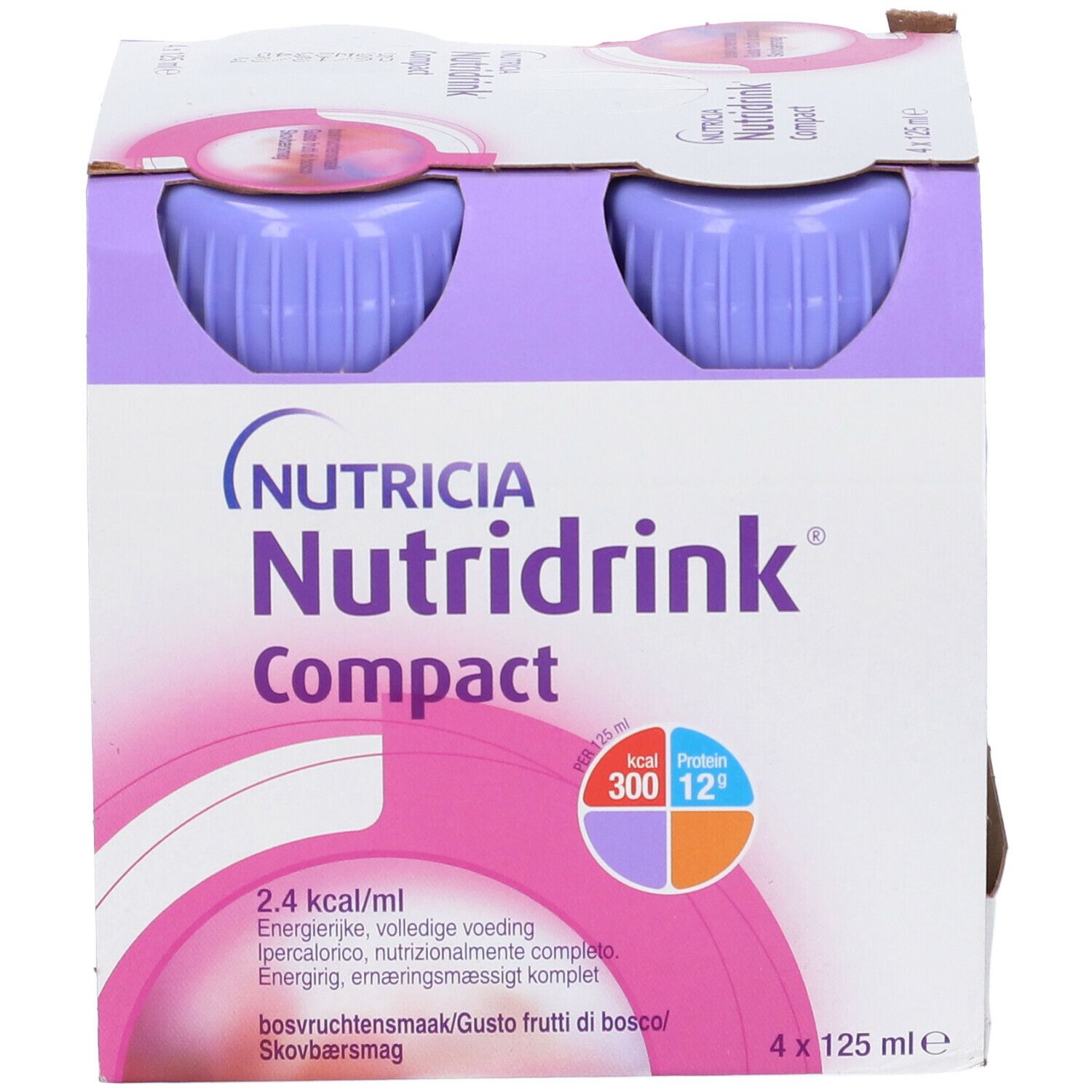 Quattro bottiglie con tappi viola. Corpo bianco con design rosa. Scritta: Nutricia Nutridrink Compact. Informazioni nutrizionali.