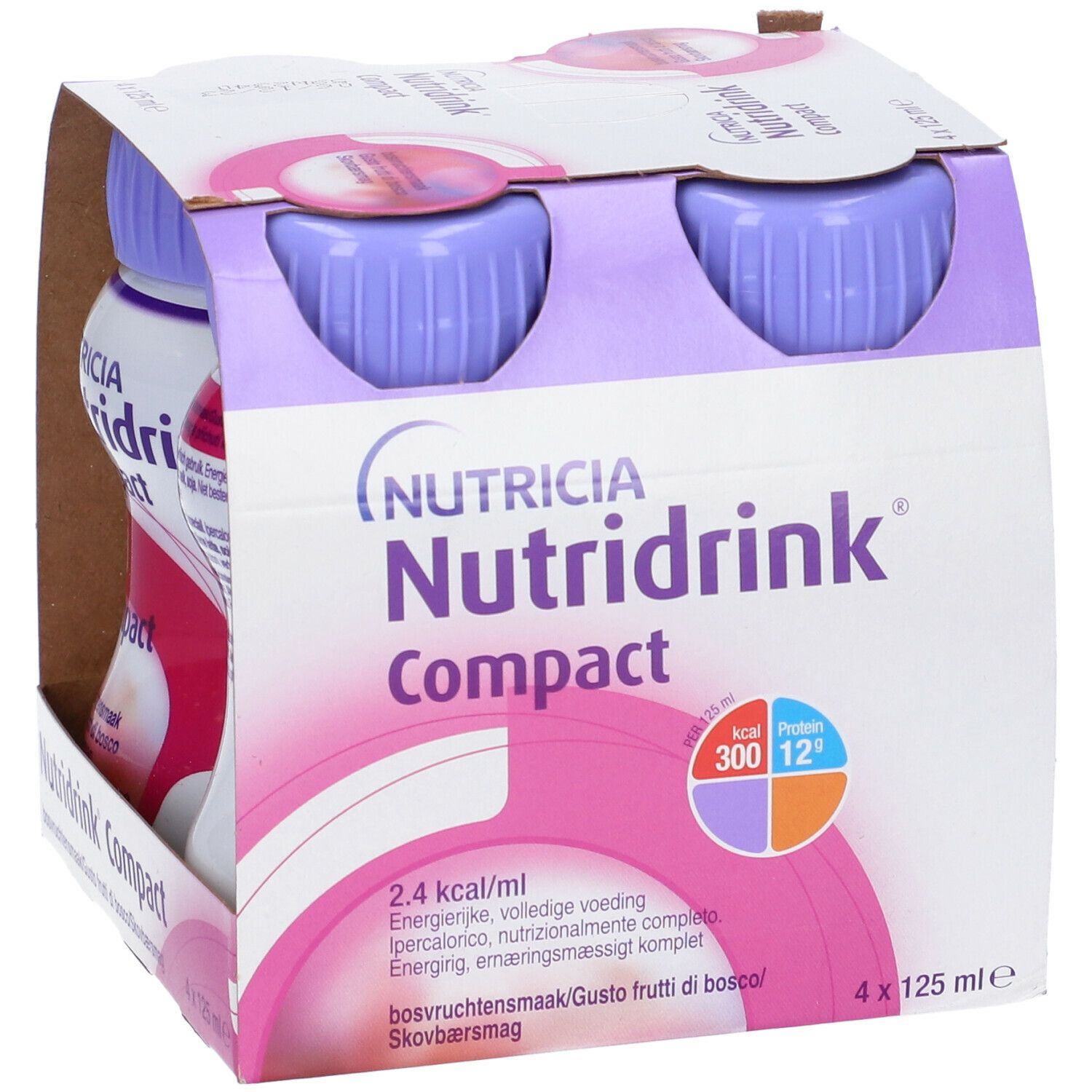 Confezione da quattro bottiglie. Tappi viola, corpo bianco con design rosa. Scritta: Nutricia Nutridrink Compact. Informazioni nutrizionali.