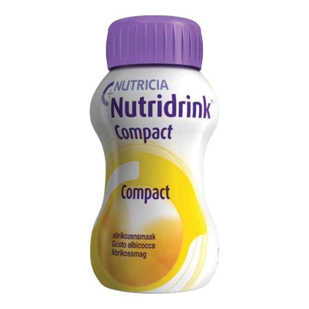 Bottiglia con tappo viola. Scritta: Nutridrink Compact. Etichetta gialla con testo: Gusto albicocca.