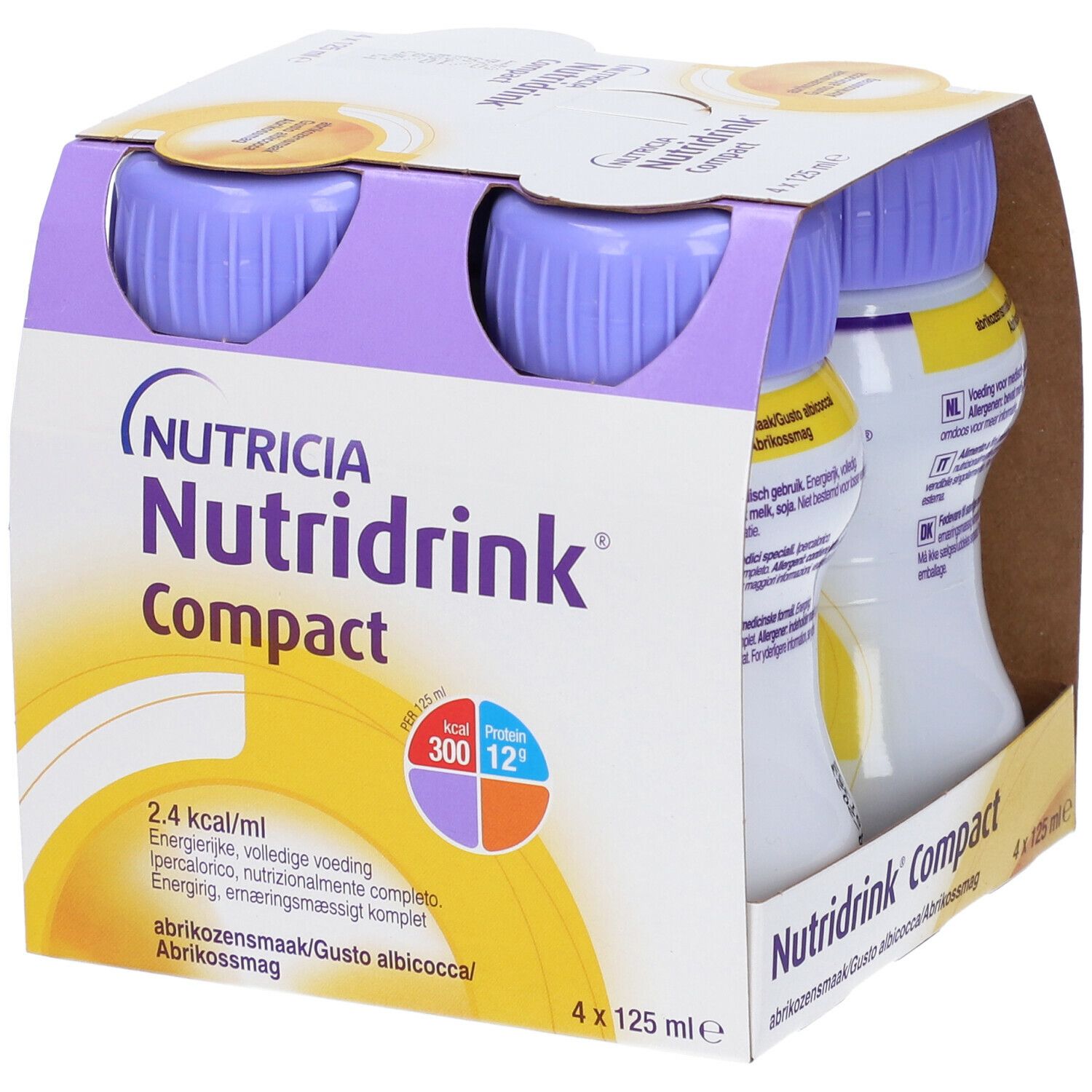 Confezione da quattro bottiglie. Scritta: Nutridrink Compact. Contiene informazioni su calorie e proteine.