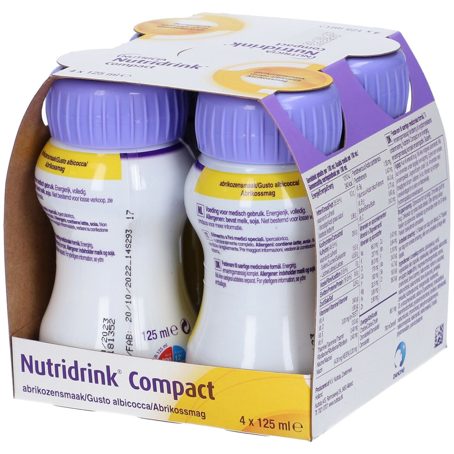 Confezione da quattro bottiglie. Scritta: Nutridrink Compact. Contiene informazioni su durata e ingredienti.