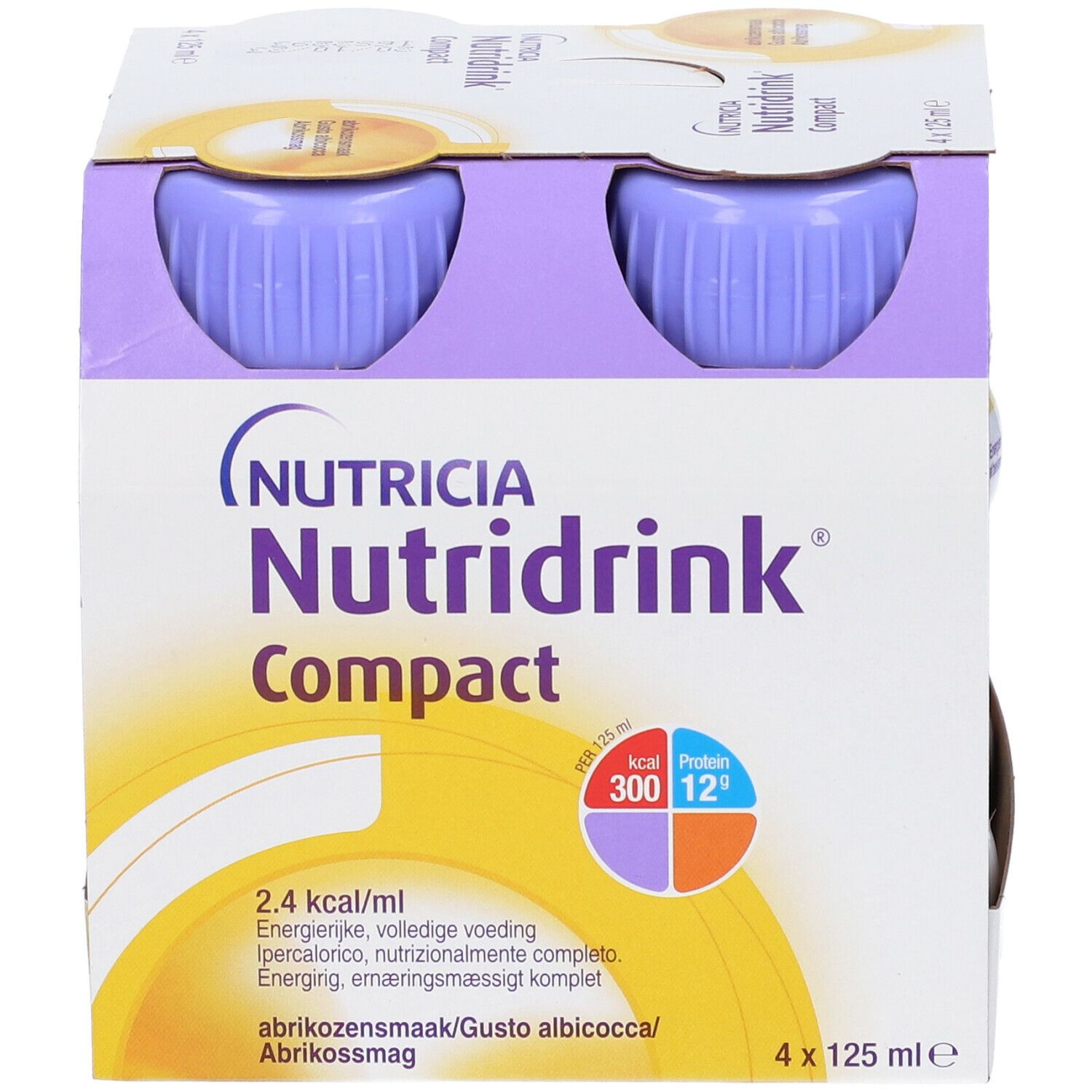 Confezione da quattro bottiglie. Scritta: Nutridrink Compact. Contiene informazioni su calorie e proteine.