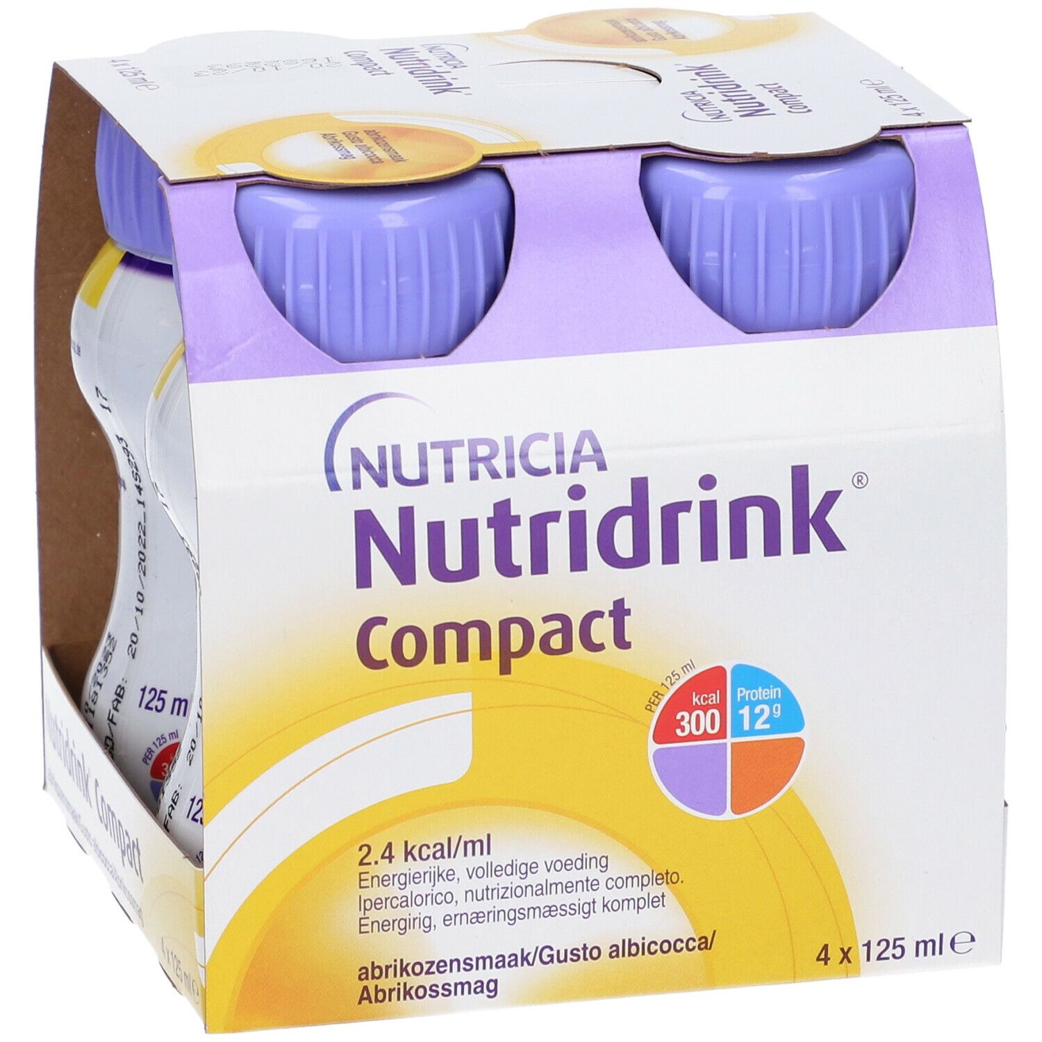 Confezione da quattro bottiglie. Scritta: Nutridrink Compact. Contiene informazioni su calorie e proteine.