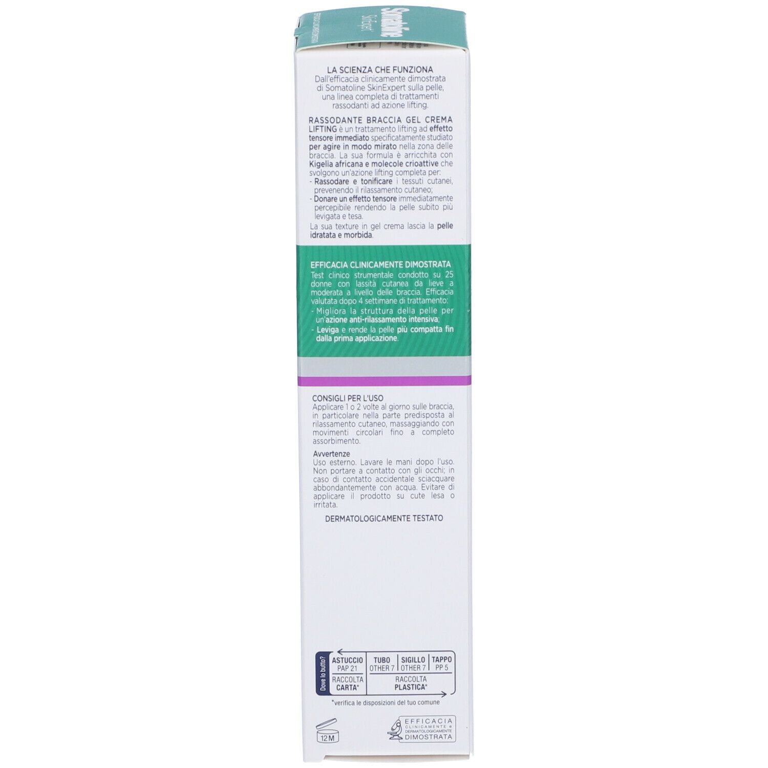 Dos de l'emballage du produit. Texte: Firming Body Lifting Gel Cream. Testé dermatologiquement. 100ml.