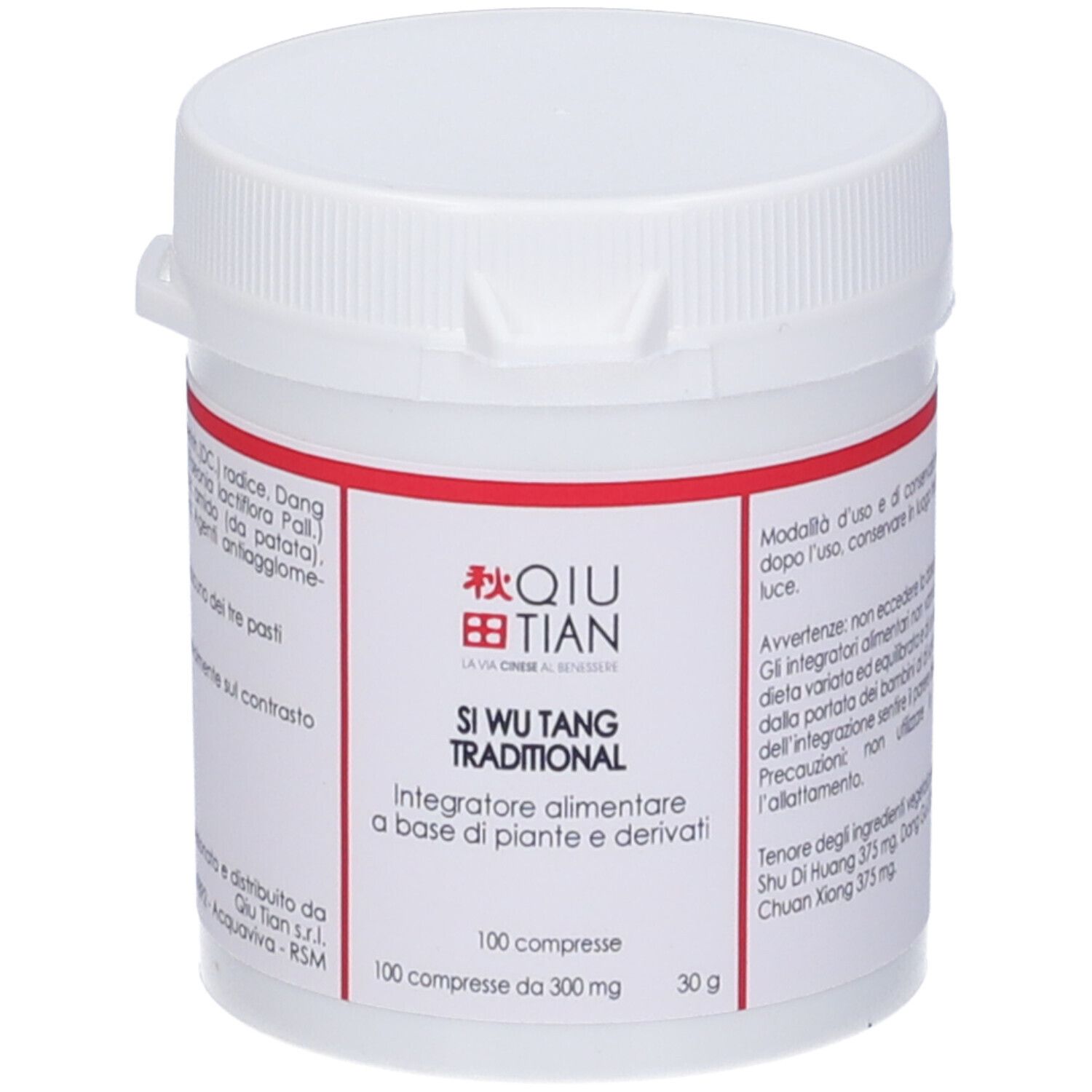 Flacone di compresse bianco con etichetta rossa. Scritta: QIU TIAN, Si Wu Tang Traditional. 100 compresse.