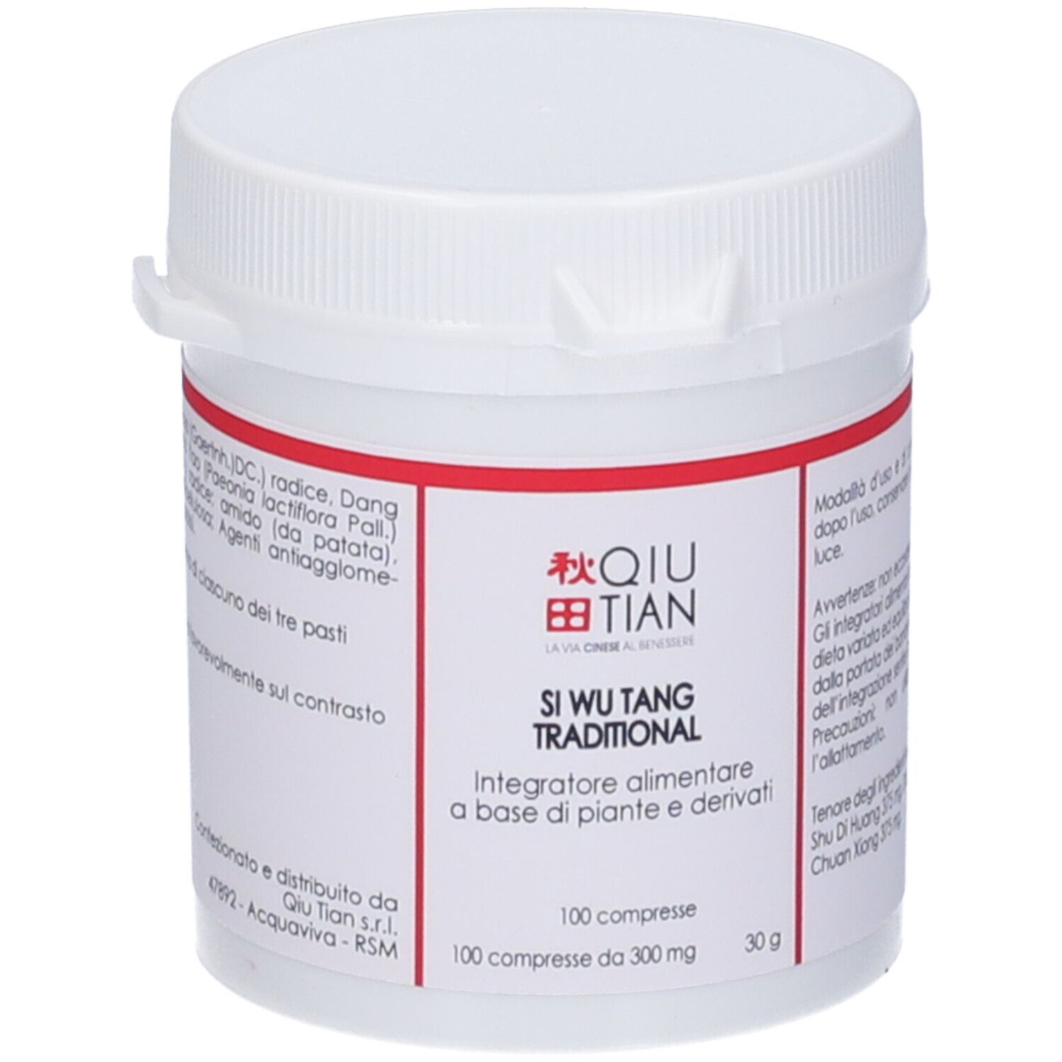 Flacone di compresse bianco con etichetta rossa. Scritta: QIU TIAN, Si Wu Tang Traditional. 100 compresse.