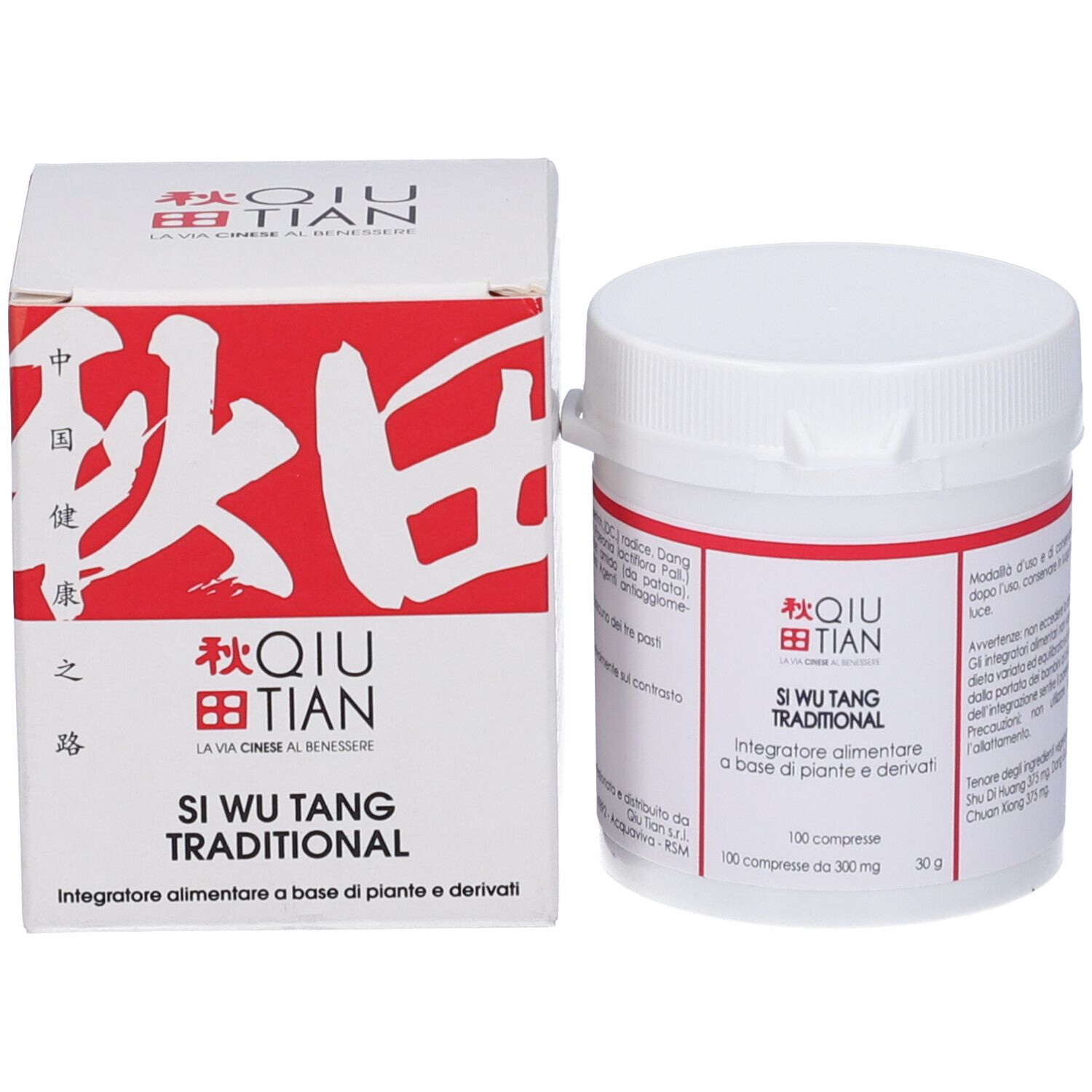 Flacone di compresse e confezione. Scritta: QIU TIAN, Si Wu Tang Traditional. 100 compresse.