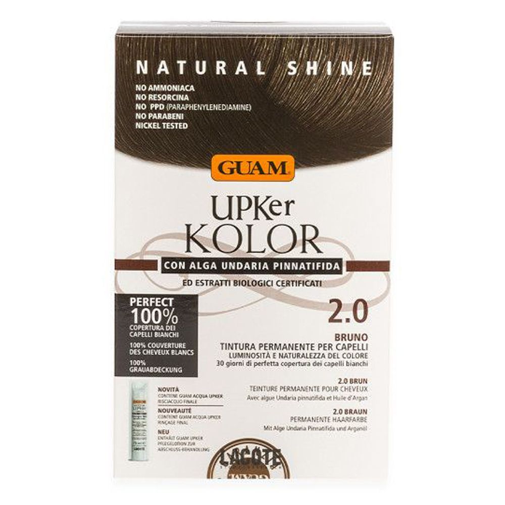 GUAM Upker Kolor Tinta Capelli 2.0 Bruno. Confezione con informazioni prodotto. Senza ammoniaca, resorcina, PPD, parabeni. Nichel testato.