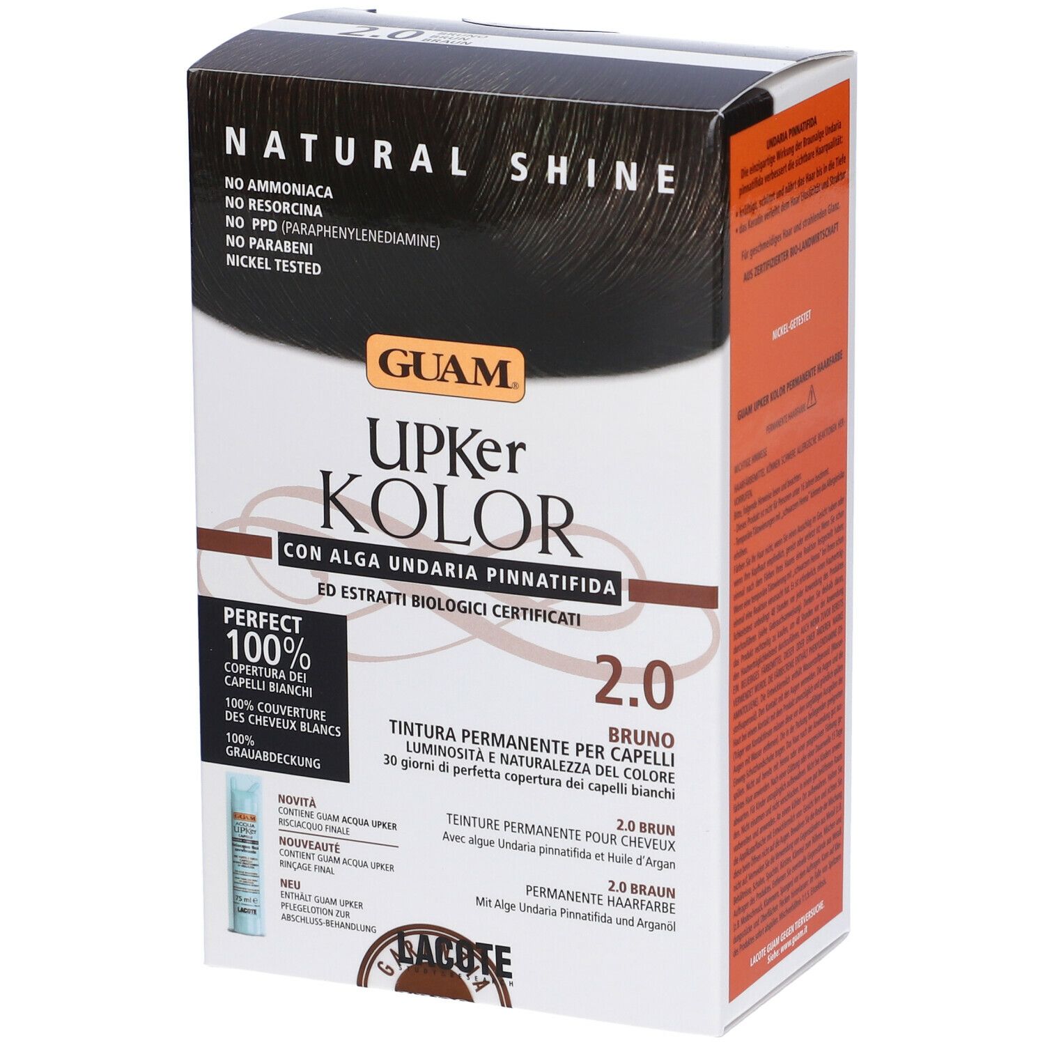 GUAM Upker Kolor Tinta Capelli 2.0 Bruno. Confezione, vista frontale e laterale. Senza ammoniaca, resorcina, PPD, parabeni. Nichel testato.