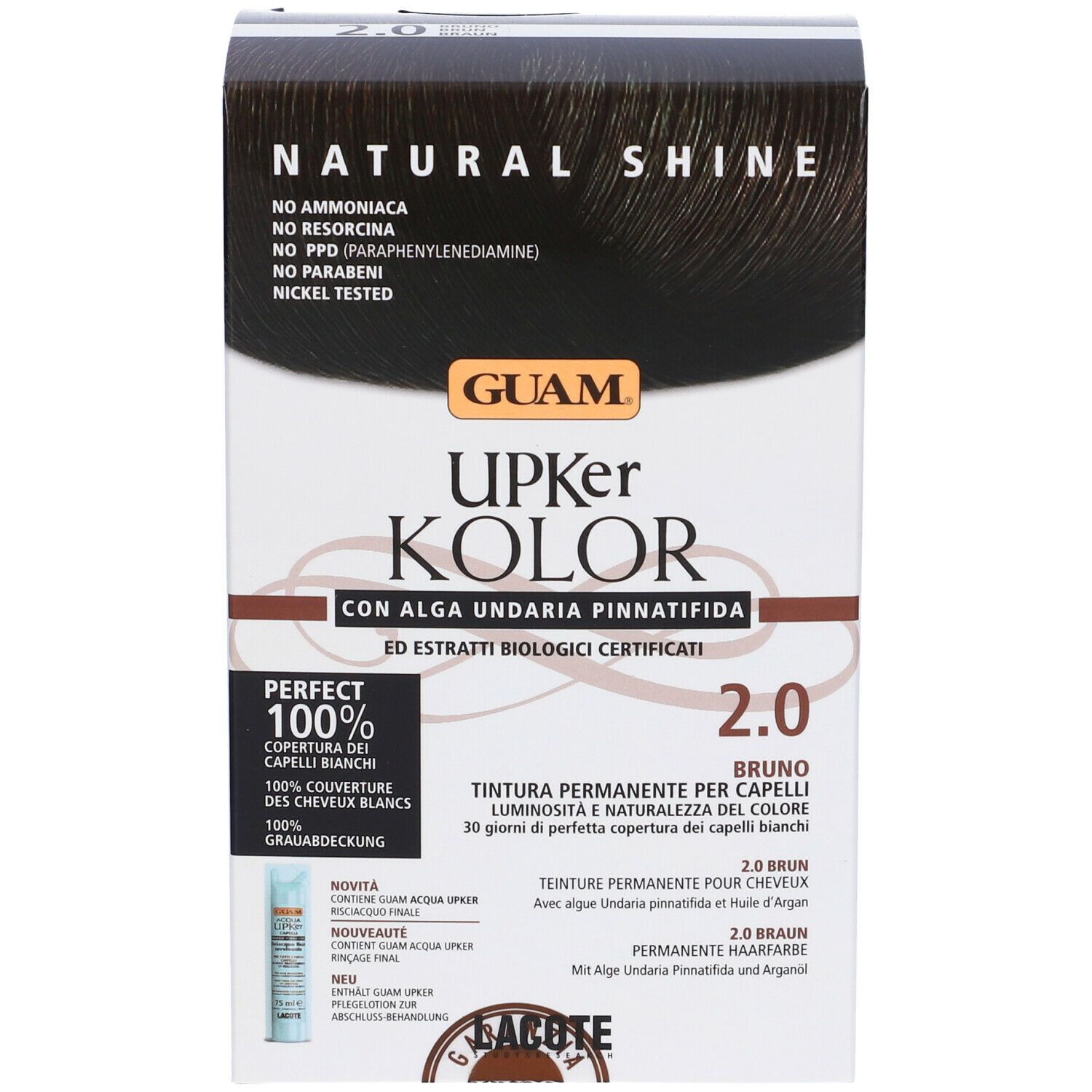 GUAM Upker Kolor Tinta Capelli 2.0 Bruno. Confezione con informazioni prodotto. Senza ammoniaca, resorcina, PPD, parabeni. Nichel testato.
