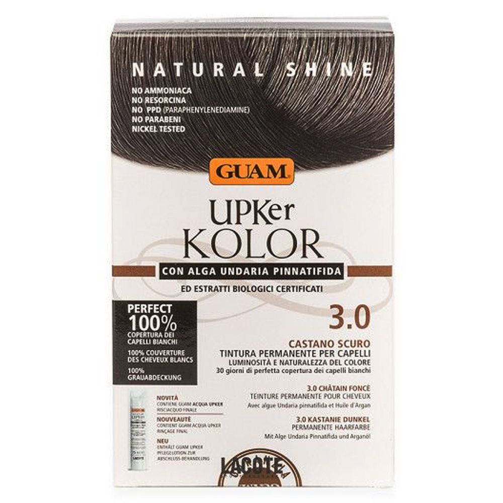 Confezione GUAM Upker Kolor Tinta Capelli Castano Scuro 3.0. Contiene testo e dettagli del prodotto.