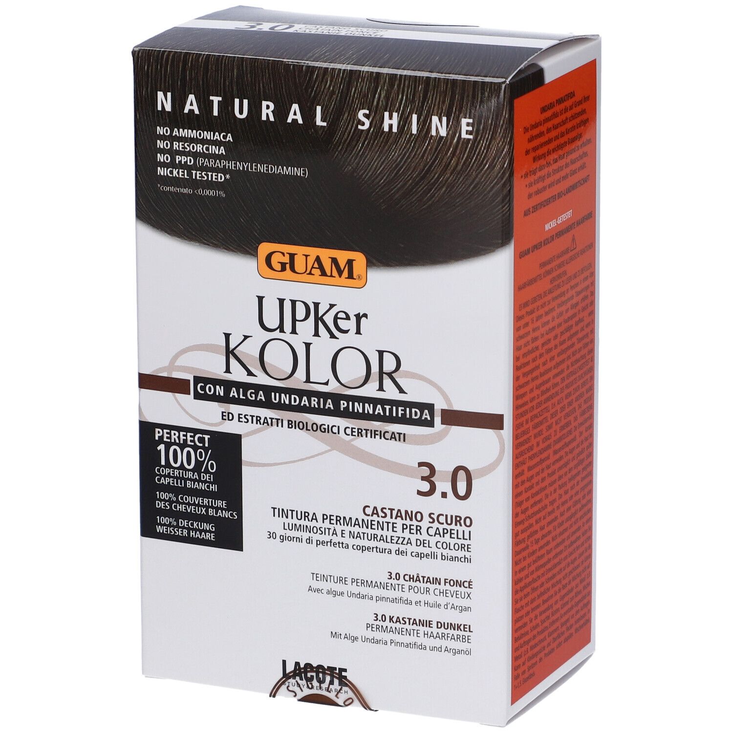 Confezione angolata GUAM Upker Kolor Tinta Capelli Castano Scuro 3.0. Testo e dettagli del prodotto.