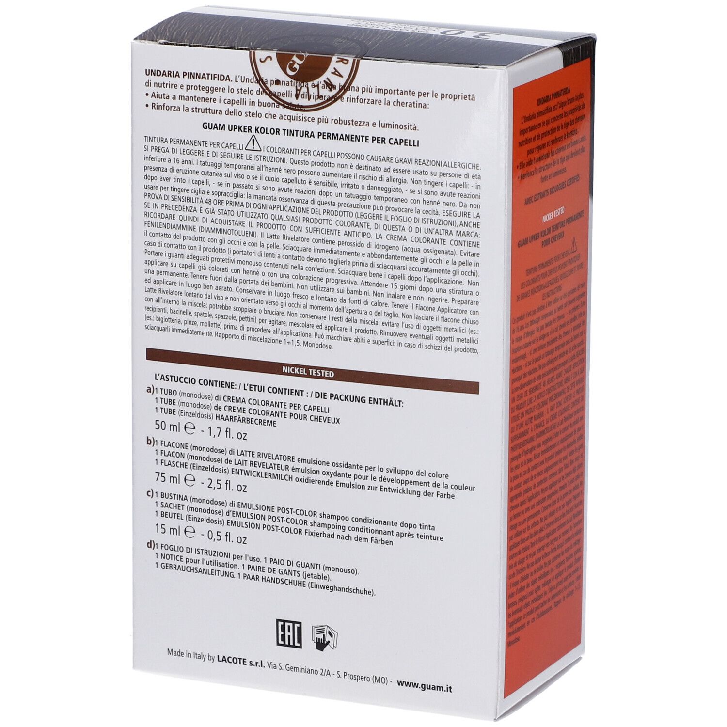 Retro della confezione GUAM Upker Kolor Tinta Capelli. Contiene testo, ingredienti e informazioni.