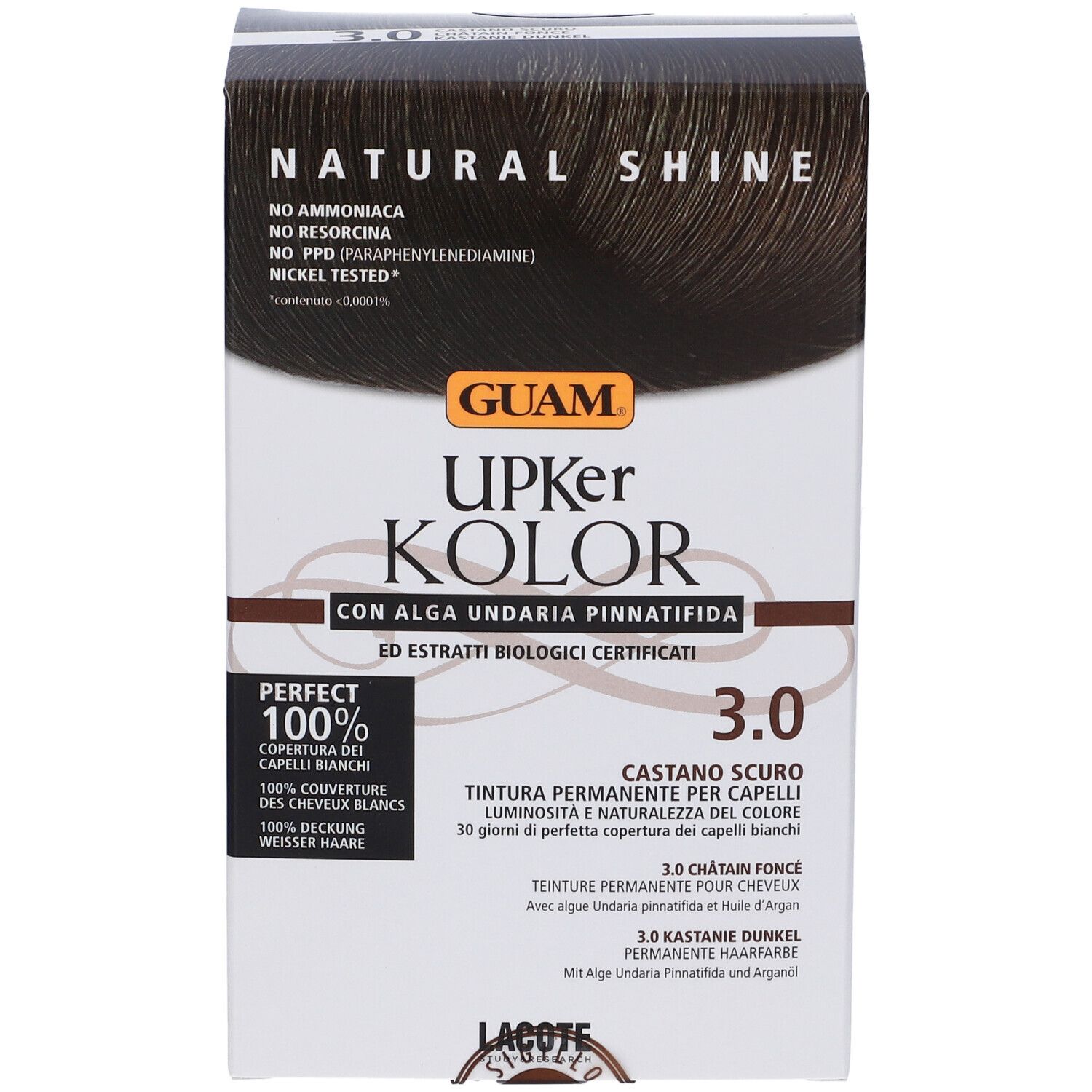 Confezione GUAM Upker Kolor Tinta Capelli Castano Scuro 3.0. Contiene testo e dettagli del prodotto.
