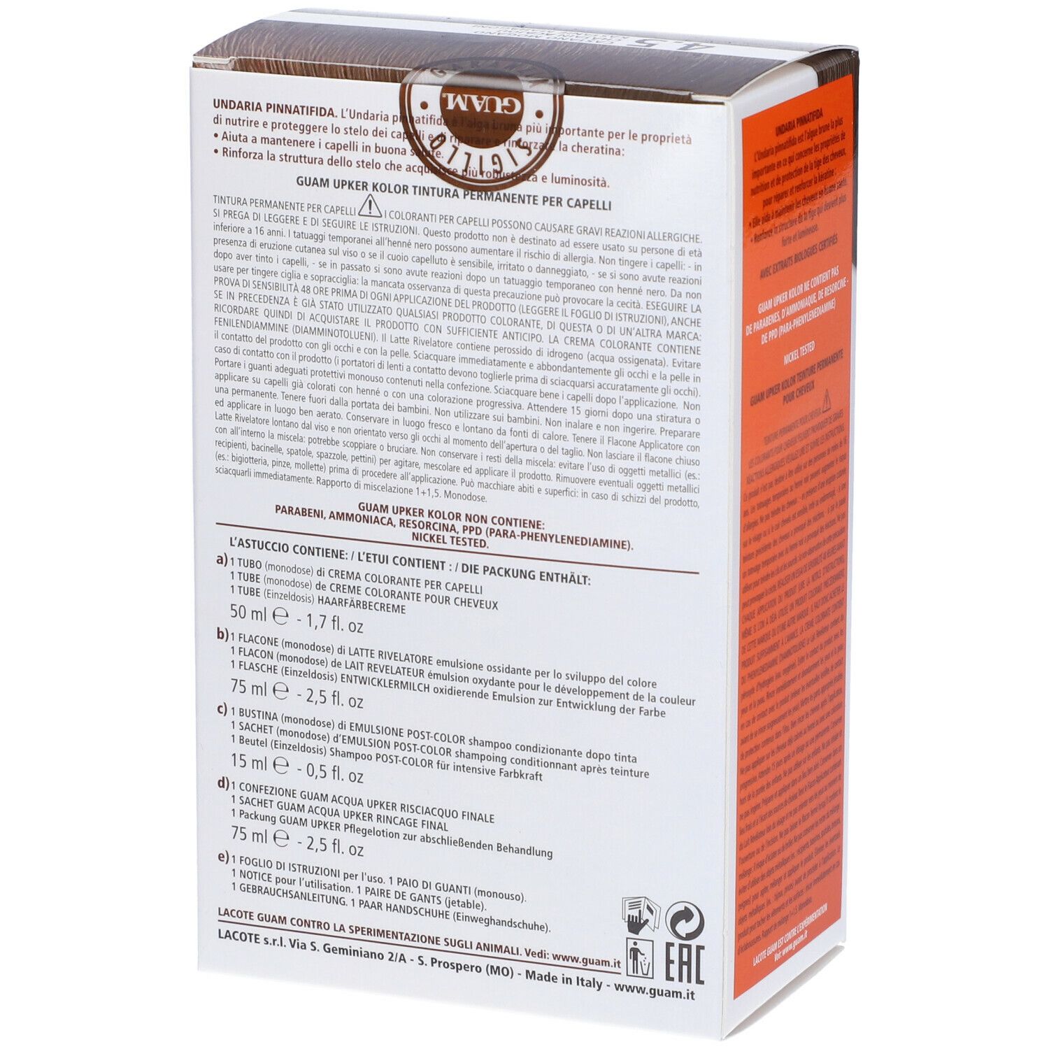 GUAM Upker Kolor, retro della confezione. Ingredienti, istruzioni e avvertenze. Testo in tedesco e italiano.