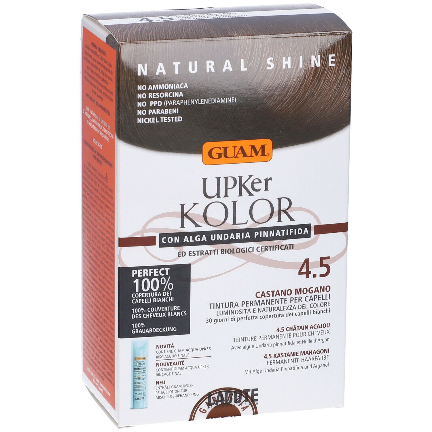 GUAM Upker Kolor, tinta Castano Mogano 4.5. Senza ammoniaca, resorcina, PPD, parabeni. Nichel tested. Confezione.