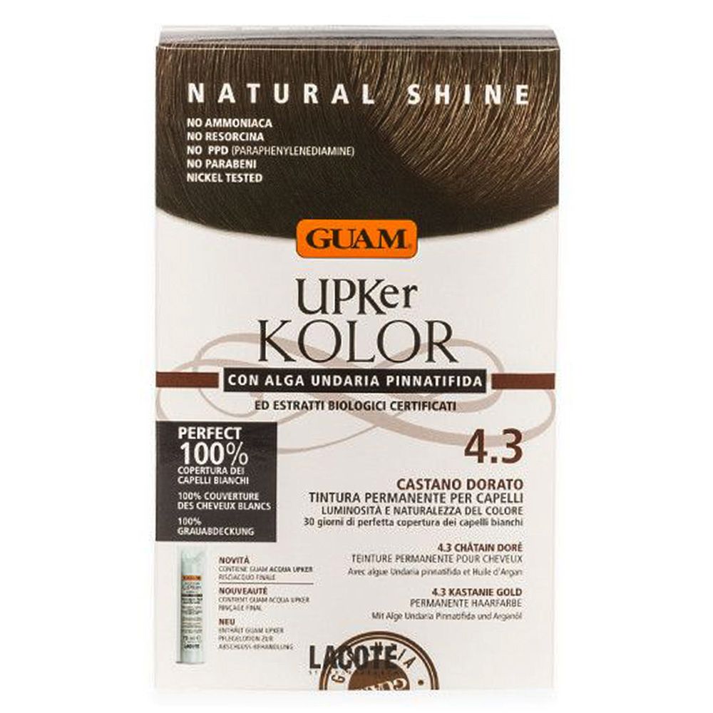 GUAM Upker Kolor, tinta Castano Dorato 4.3. Senza ammoniaca, resorcina, PPD, testato al nichel. Confezione.