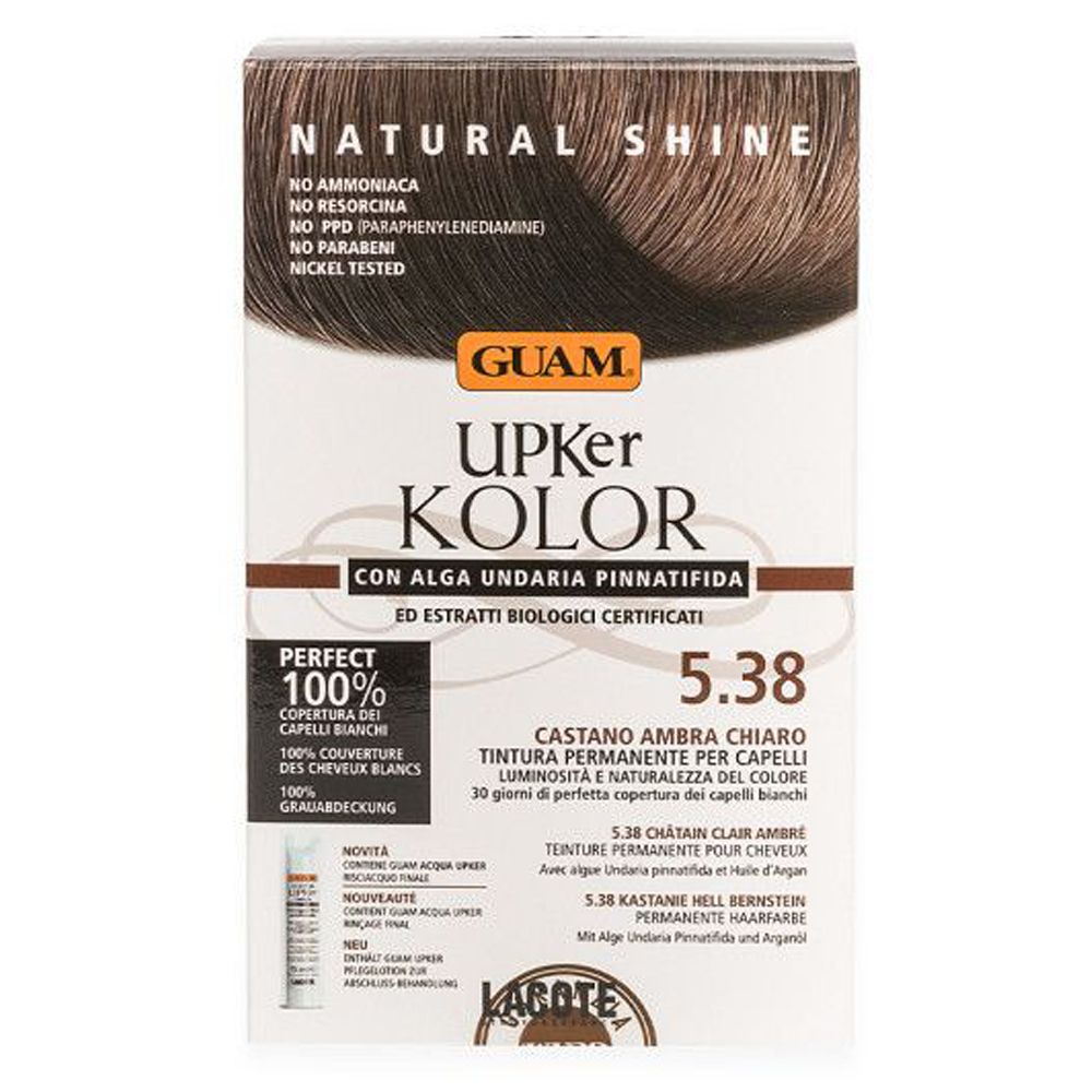 Scatola tinta per capelli con nome e tonalità 5.38. Scritta: Copertura 100% dei capelli bianchi. Senza ammoniaca, resorcina, PPD.