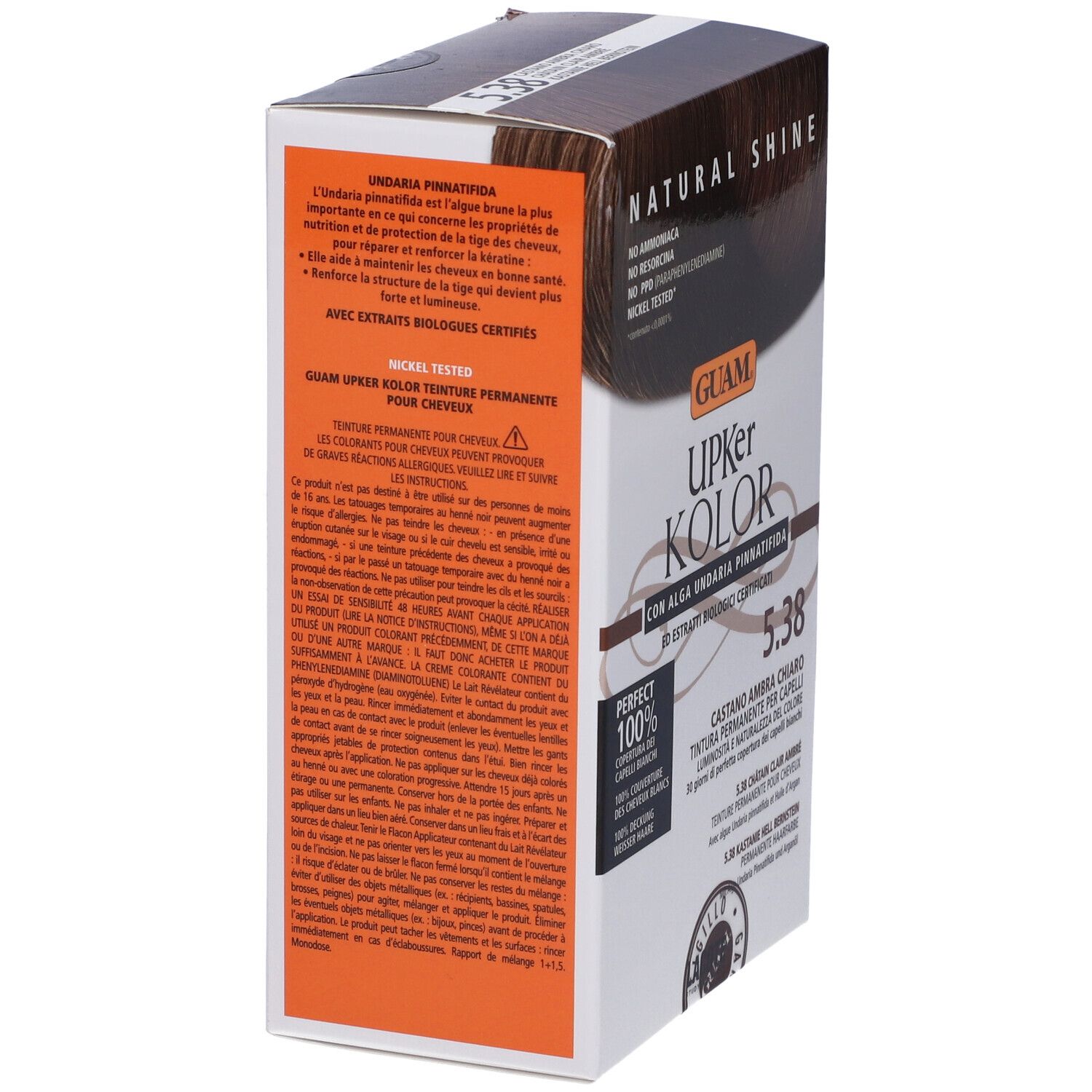 Confezione tinta per capelli, vista laterale. Nome del prodotto e tonalità 5.38 visibili. Testo: Copertura 100% dei capelli bianchi. Senza ammoniaca, resorcina, PPD.