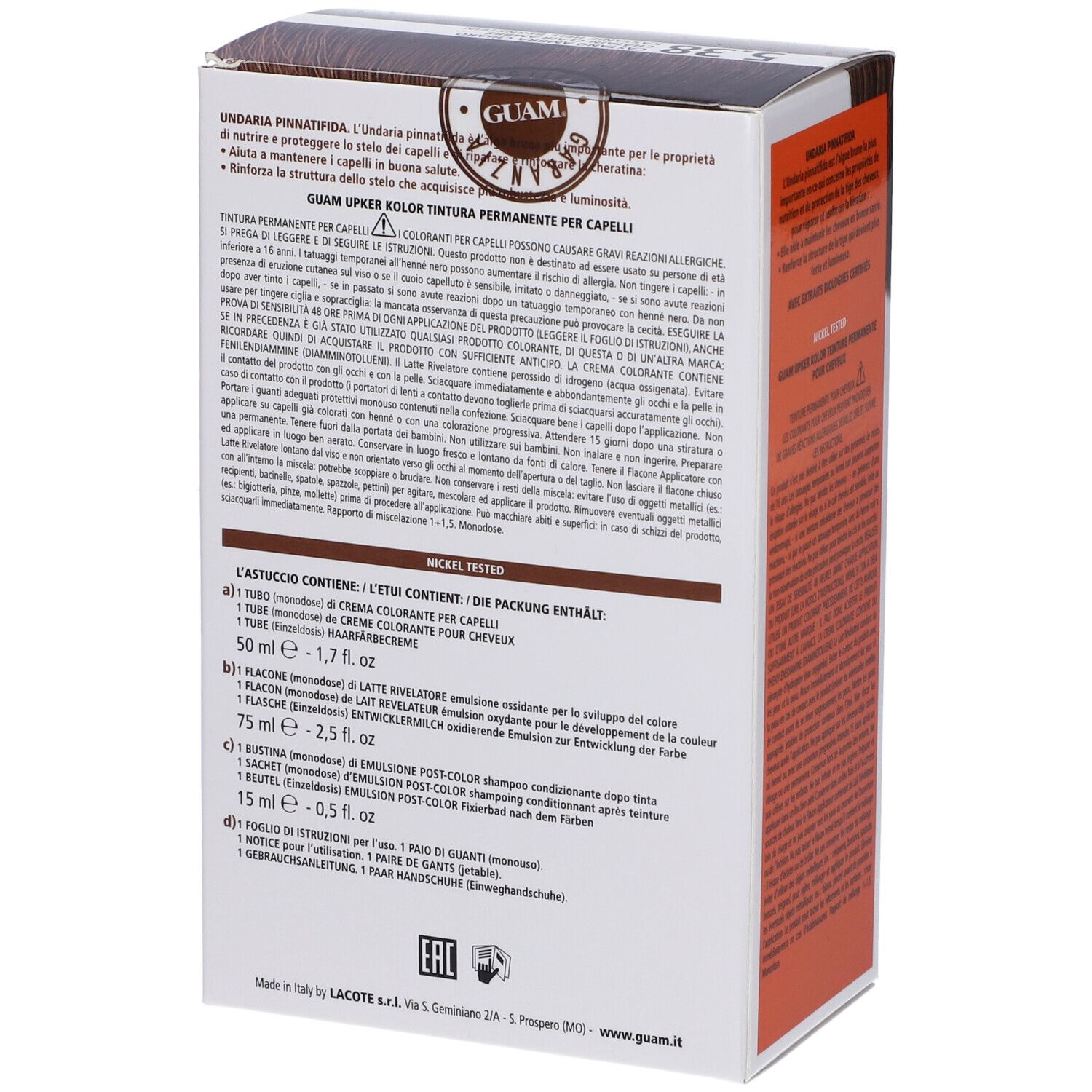 Confezione tinta per capelli, retro. Nome del prodotto e tonalità 5.38 visibili. Testo: Ingredienti, istruzioni per l'uso. Senza ammoniaca, resorcina, PPD.