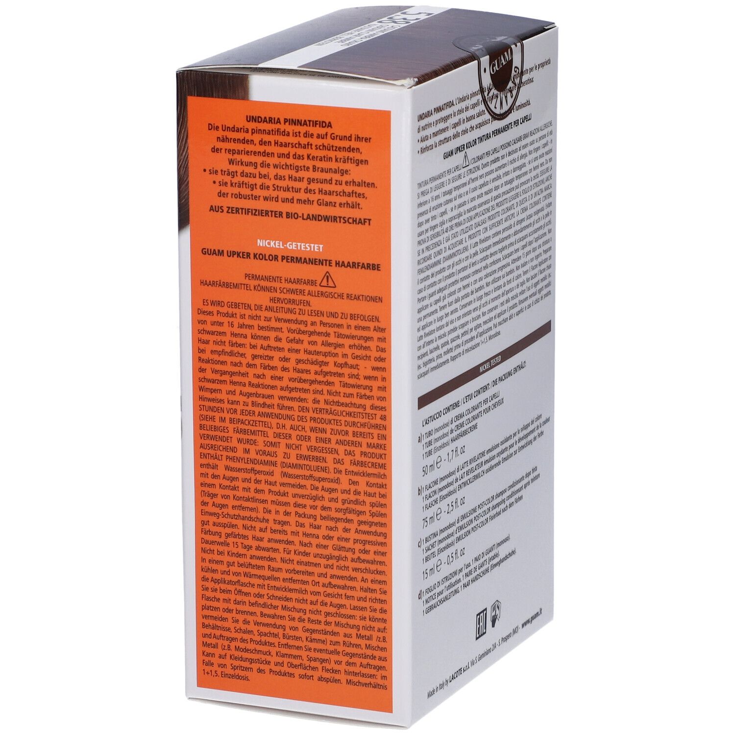Confezione tinta per capelli, retro. Nome del prodotto e tonalità 5.38 visibili. Testo: Ingredienti, istruzioni per l'uso. Senza ammoniaca, resorcina, PPD.