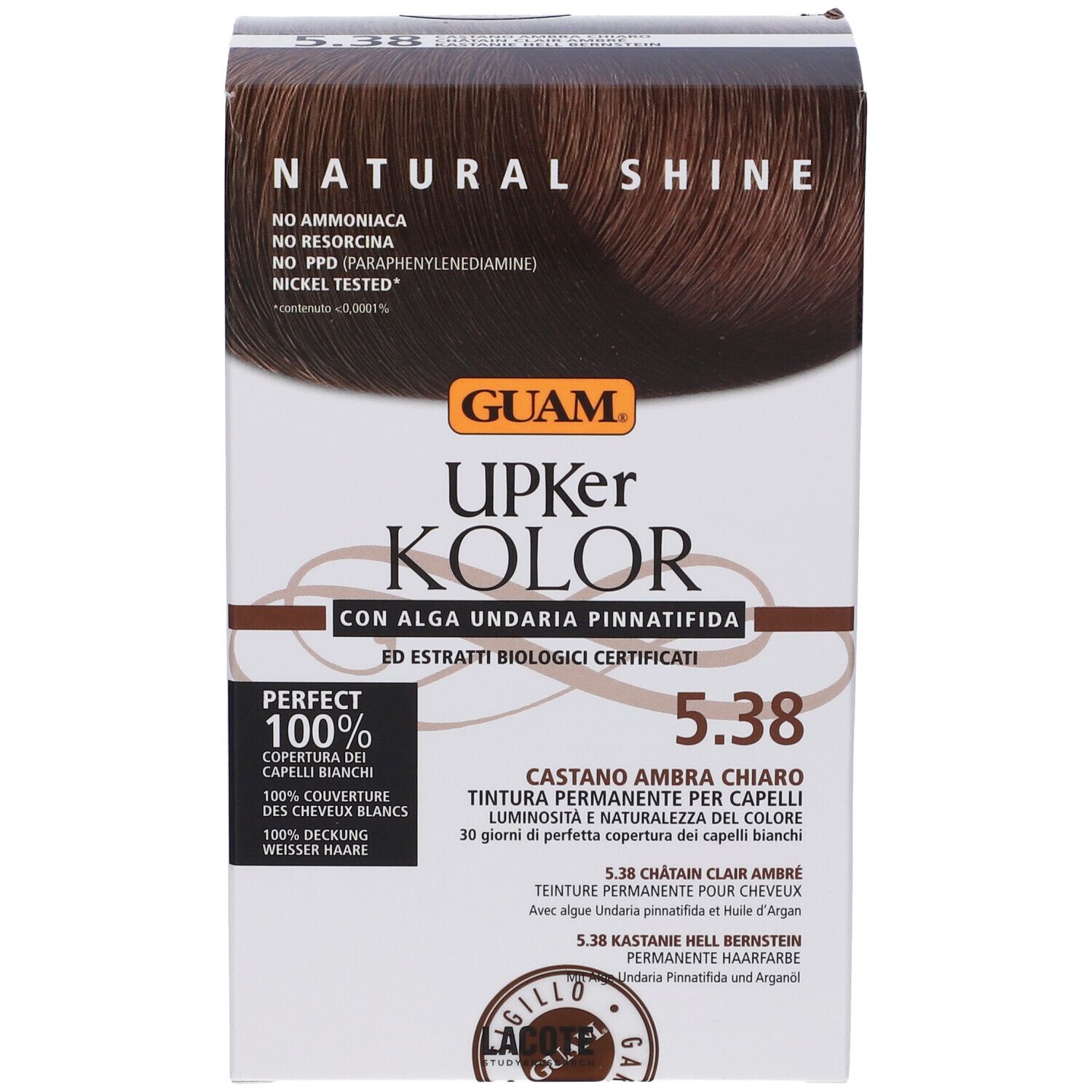 Confezione tinta per capelli, vista frontale. Nome del prodotto e tonalità 5.38 visibili. Scritta: Copertura 100% dei capelli bianchi. Senza ammoniaca, resorcina, PPD.