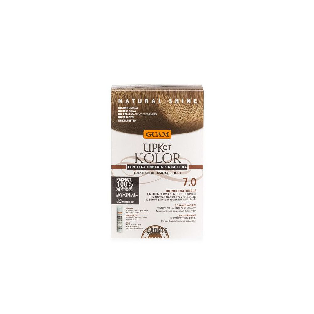 Confezione di GUAM Upker Kolor Tinta Capelli Biondo Intenso 7.0. Scritte: Natural Shine, 7.0, Perfect 100%.