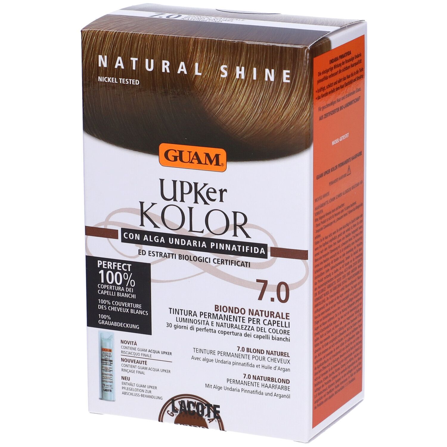 Confezione di GUAM Upker Kolor Tinta Capelli. Scritte: Natural Shine, 7.0, Perfect 100%, Nickel Tested.