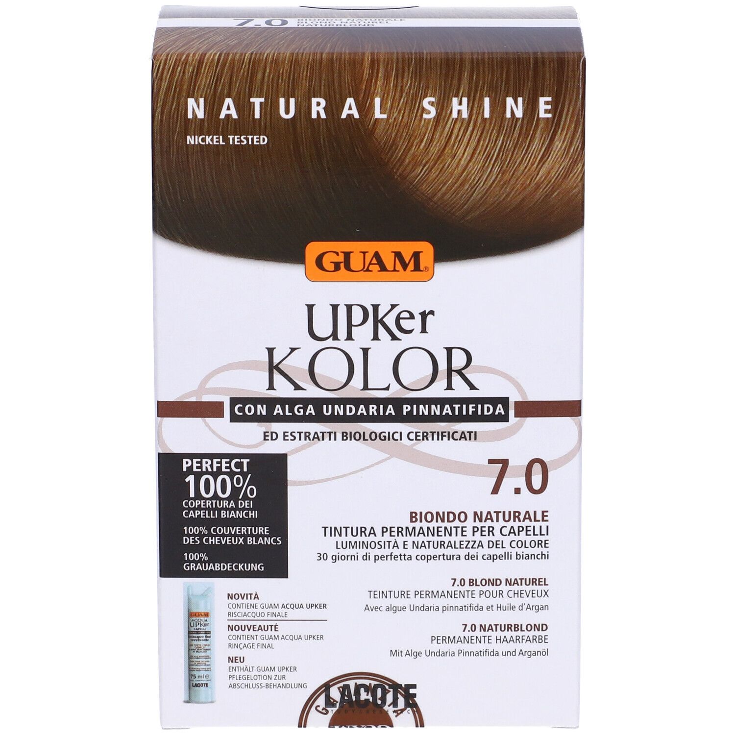 Confezione GUAM Upker Kolor Tinta Capelli. Scritte: Natural Shine, 7.0, Perfect 100%, Nickel Tested.
