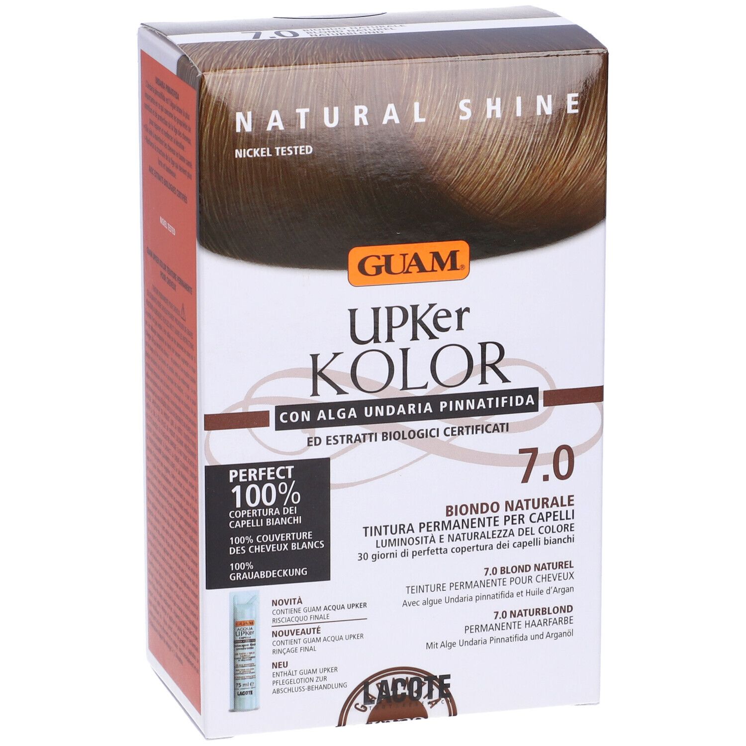 Confezione GUAM Upker Kolor Tinta Capelli. Scritte: Natural Shine, 7.0, Perfect 100%, Nickel Tested.