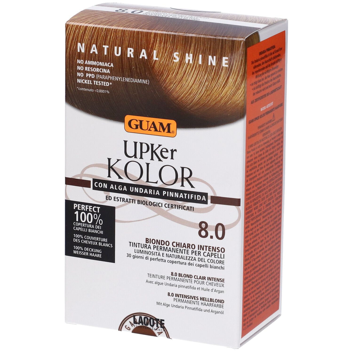GUAM Upker Kolor, tinta Biondo Chiaro Intenso 8.0. Confezione, vista frontale e laterale.