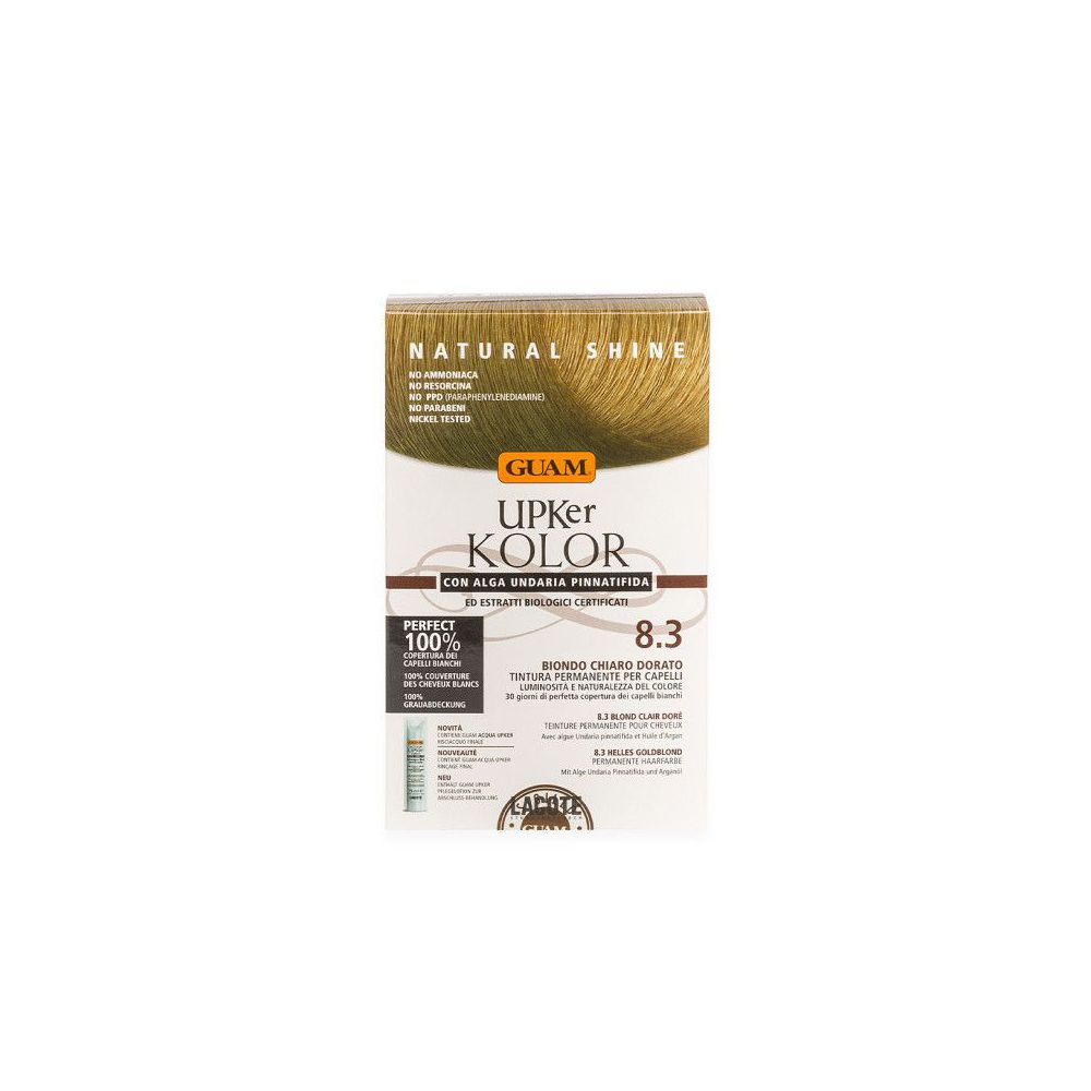 GUAM Upker Kolor, tinta per capelli Biondo Chiaro Dorato 8.3. Scatola con scritte: Natural Shine, Perfect 100%.