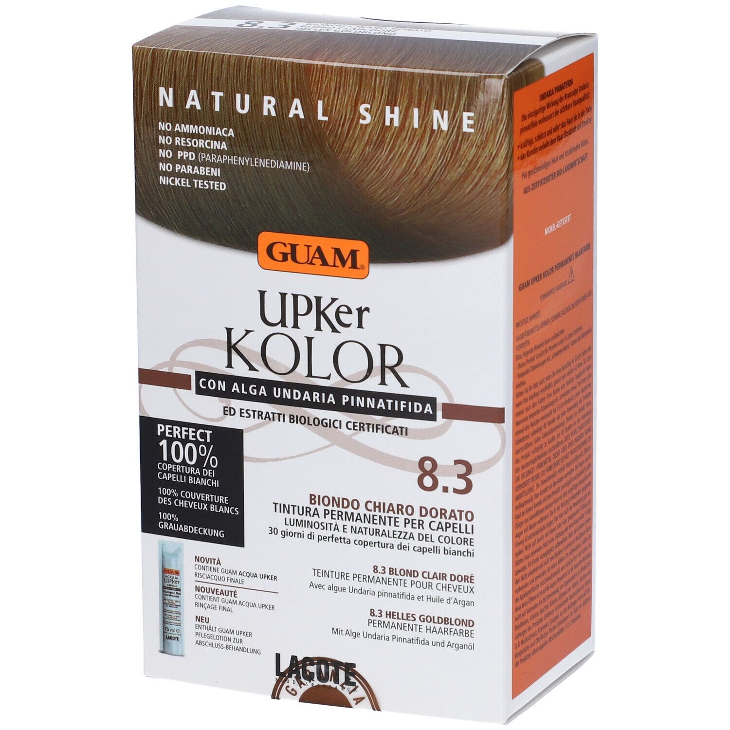 GUAM Upker Kolor, tinta per capelli Biondo Chiaro Dorato 8.3. Scatola, vista obliqua frontale. Scritte: Natural Shine, Perfect 100%.
