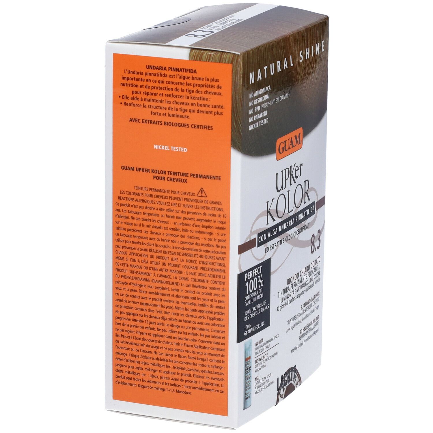 GUAM Upker Kolor, tinta per capelli Biondo Chiaro Dorato 8.3. Scatola, vista laterale. Scritte: Natural Shine, Perfect 100%.