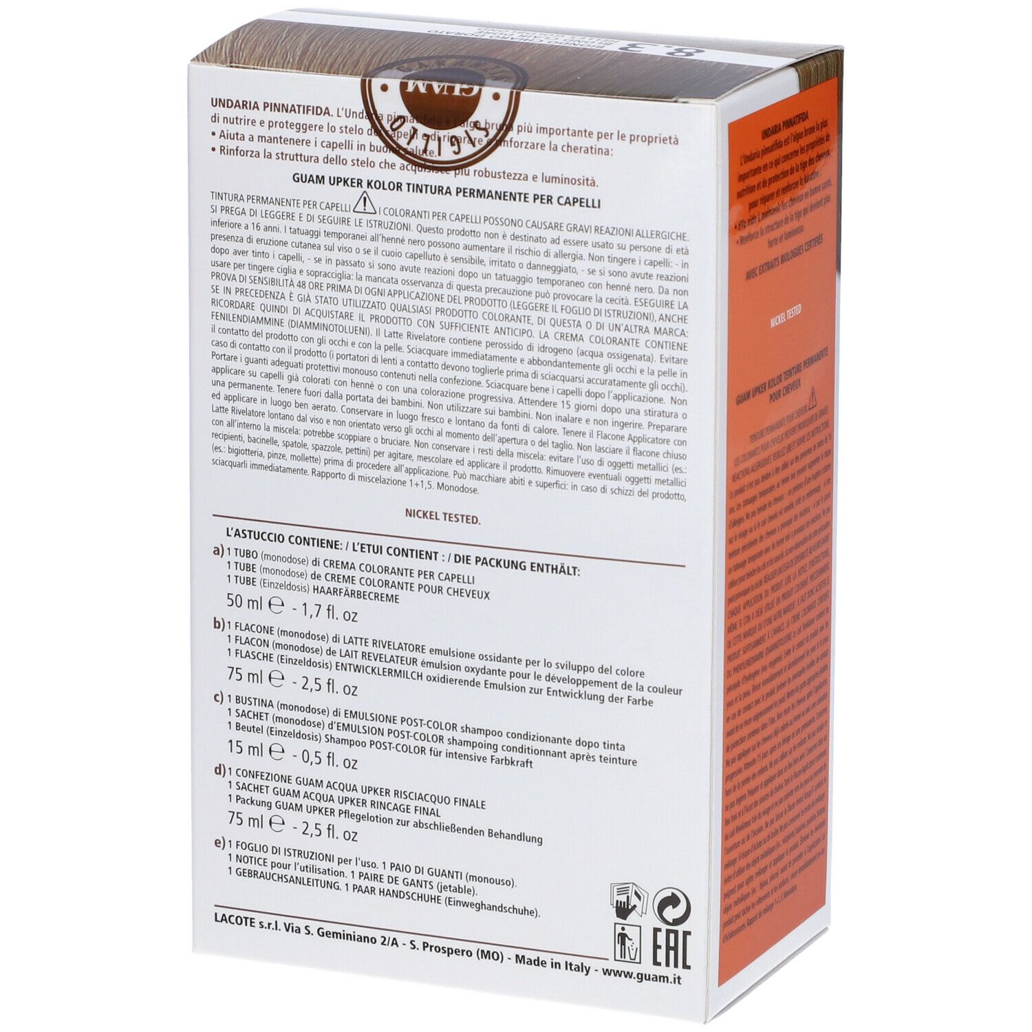 GUAM Upker Kolor, tinta per capelli Biondo Chiaro Dorato 8.3. Scatola, retro. Contiene informazioni e ingredienti.