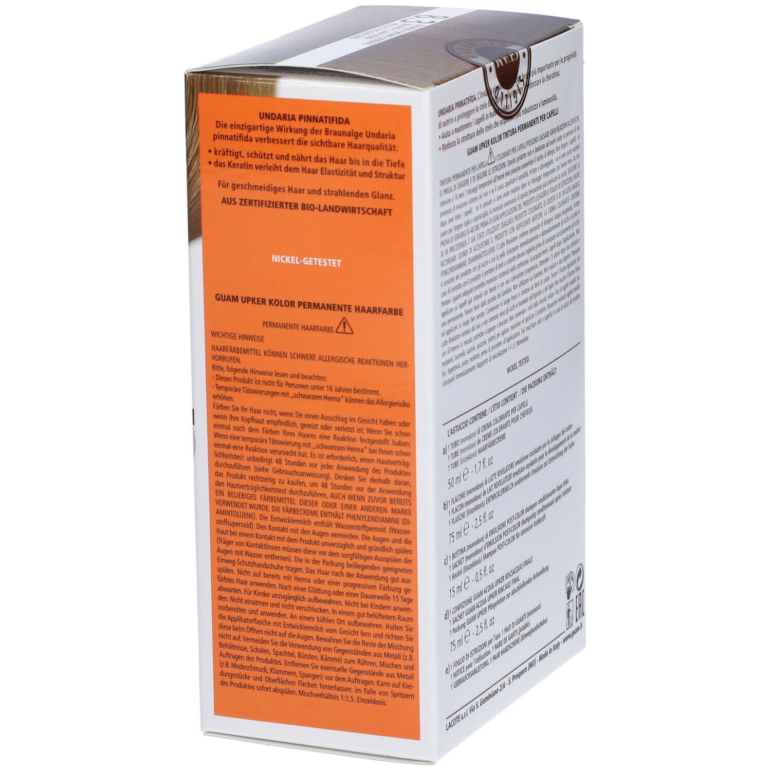GUAM Upker Kolor, tinta per capelli Biondo Chiaro Dorato 8.3. Scatola, vista posteriore obliqua. Contiene informazioni e ingredienti.
