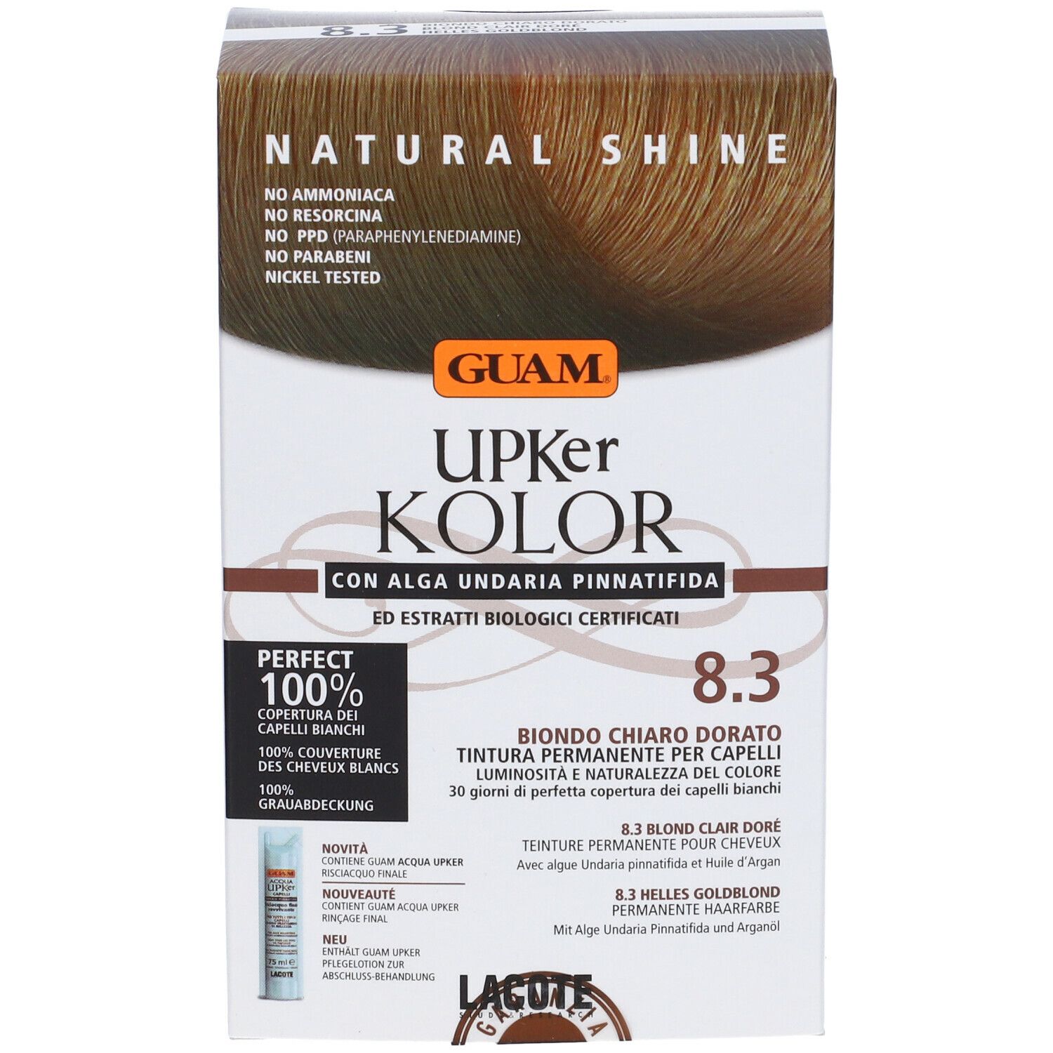 GUAM Upker Kolor, tinta per capelli Biondo Chiaro Dorato 8.3. Scatola, vista obliqua frontale. Scritte: Natural Shine, Perfect 100%.