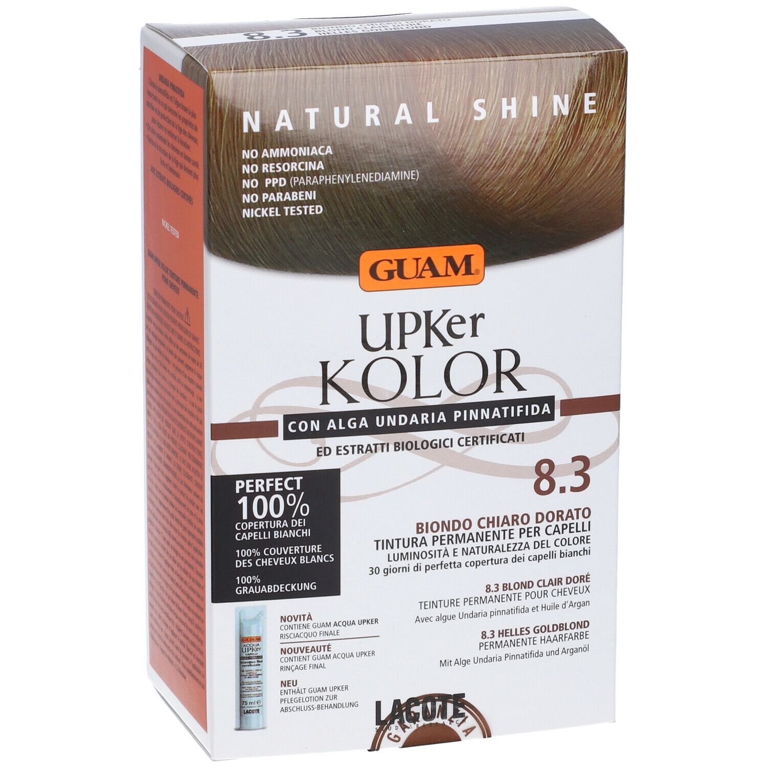 GUAM Upker Kolor, tinta per capelli Biondo Chiaro Dorato 8.3. Scatola, vista obliqua frontale. Scritte: Natural Shine, Perfect 100%.