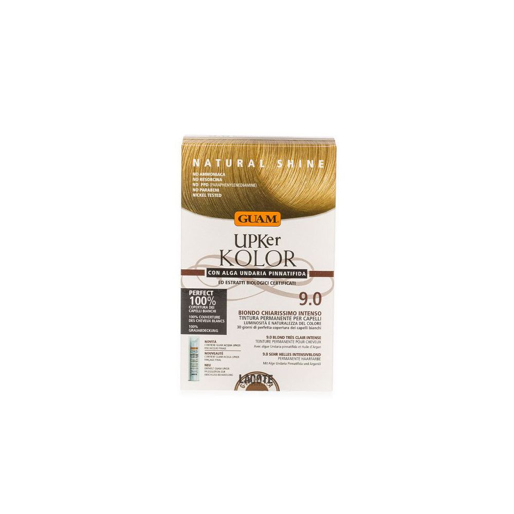 GUAM Upker Kolor tinta capelli Biondo Chiarissimo Intenso 9.0. Confezione con immagine prodotto e testo. Include accessori.