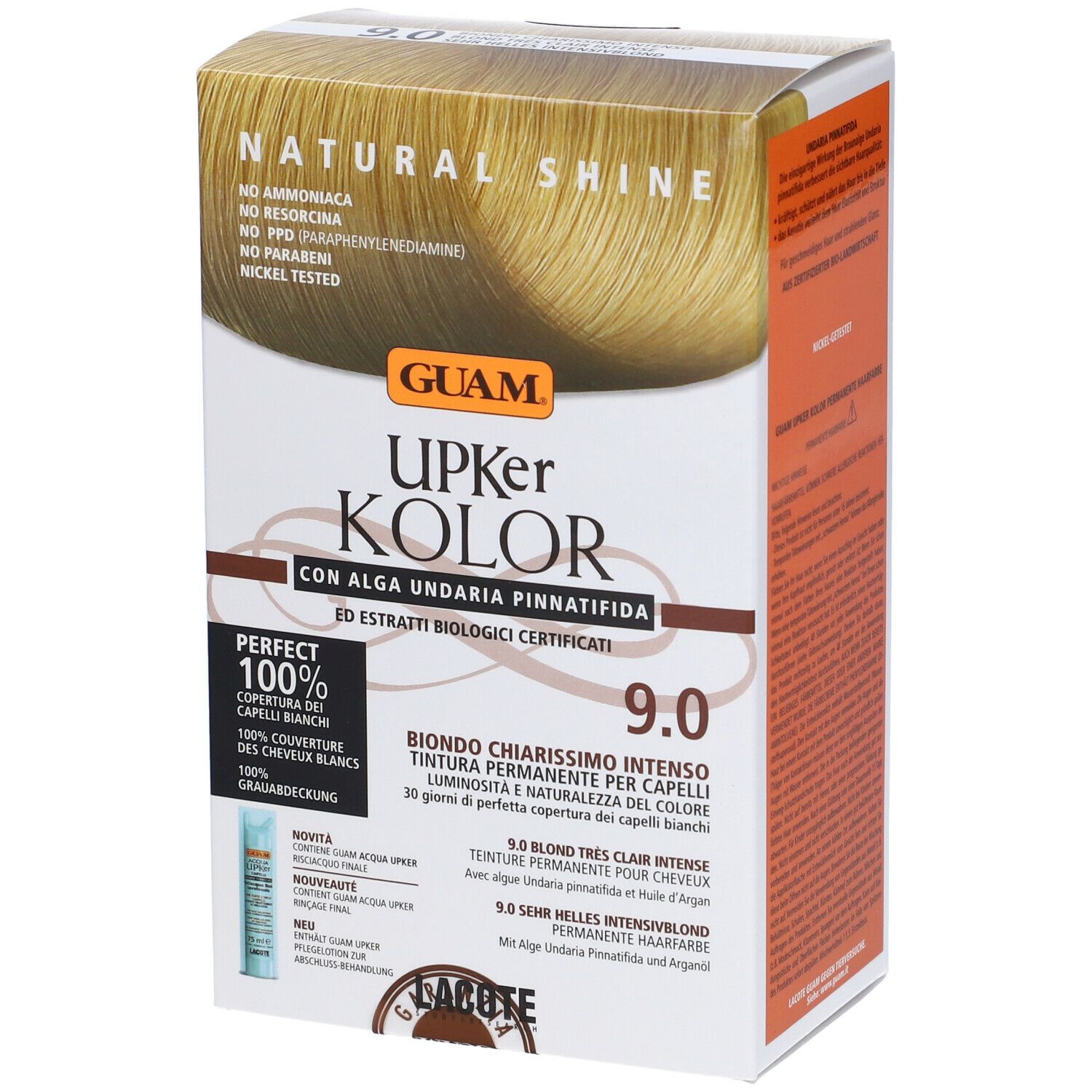 GUAM Upker Kolor tinta capelli Biondo Chiarissimo Intenso 9.0. Confezione con immagine e testo. Vista laterale.