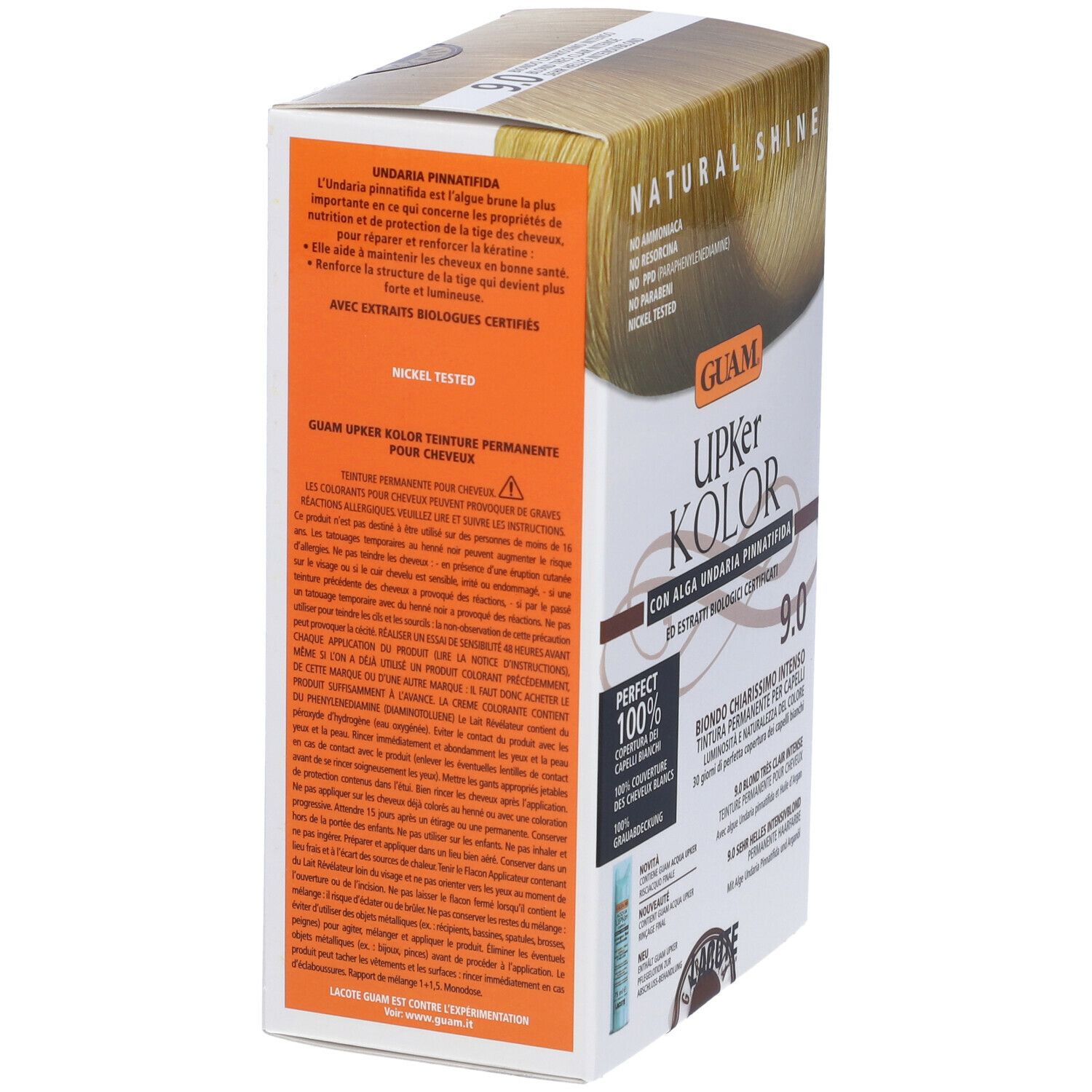 GUAM Upker Kolor tinta capelli Biondo Chiarissimo Intenso 9.0. Confezione con testo e descrizione. Vista laterale.