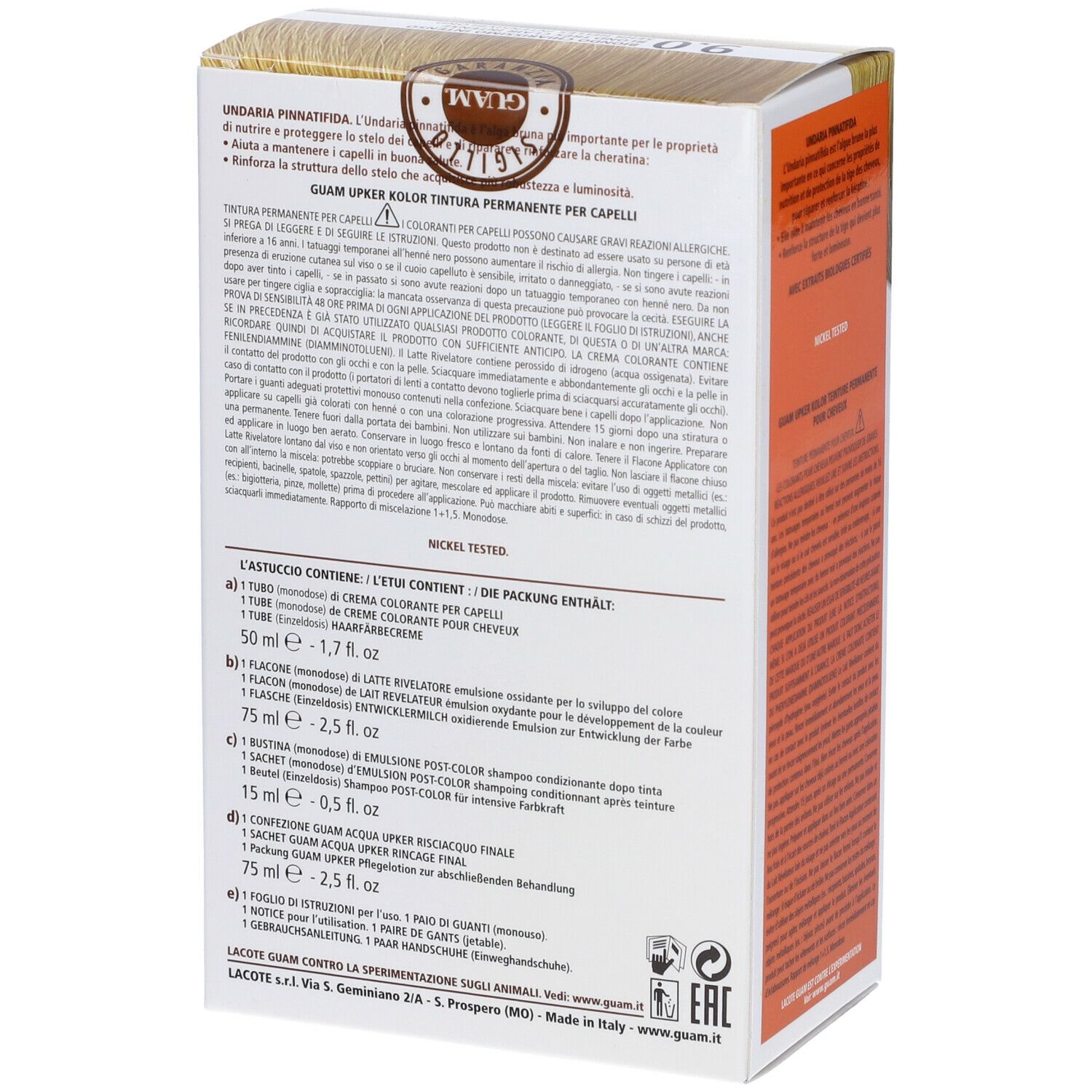 GUAM Upker Kolor tinta capelli Biondo Chiarissimo Intenso 9.0. Confezione con ingredienti e testo. Vista posteriore.