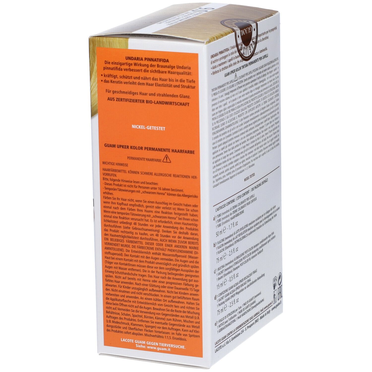 GUAM Upker Kolor tinta capelli Biondo Chiarissimo Intenso 9.0. Confezione con testo e ingredienti. Vista obliqua.